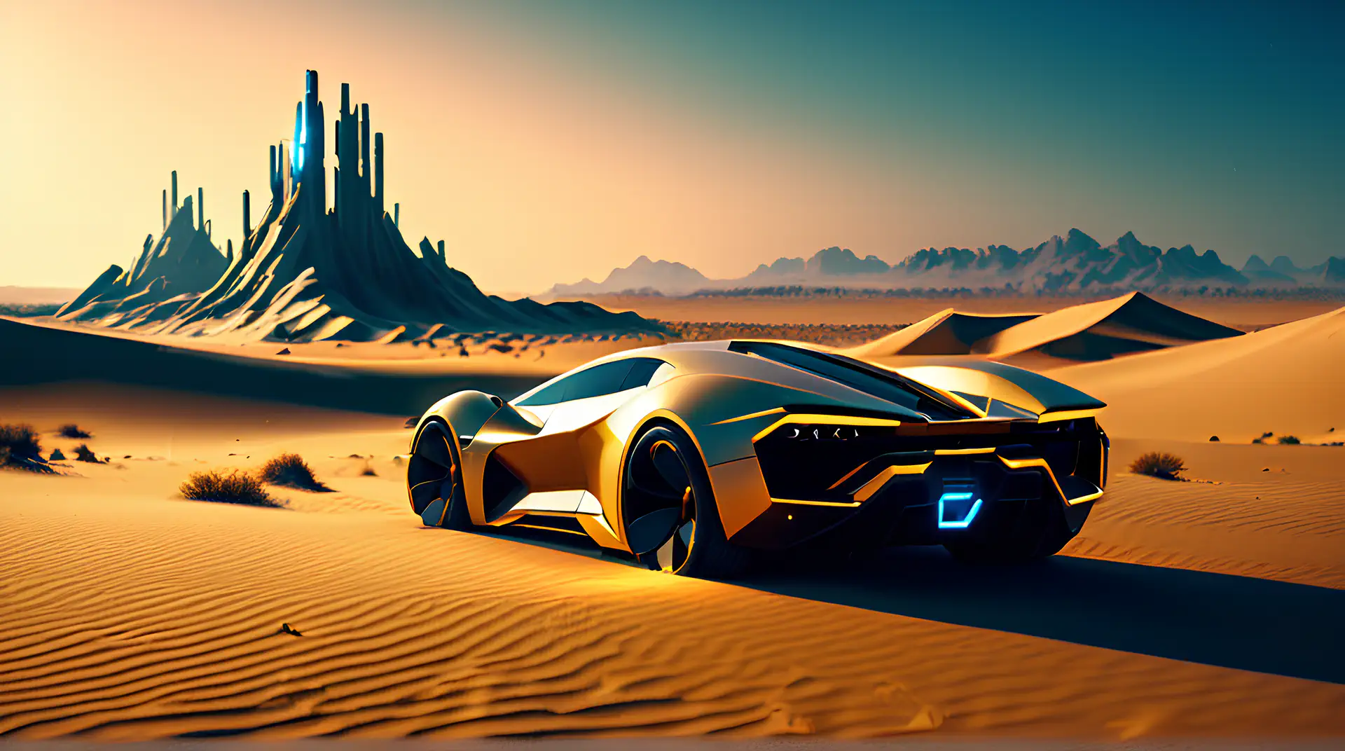 Gouden Futuristische Hypercar in Buitenaards Woestijnlandschap 4K Wallpaper