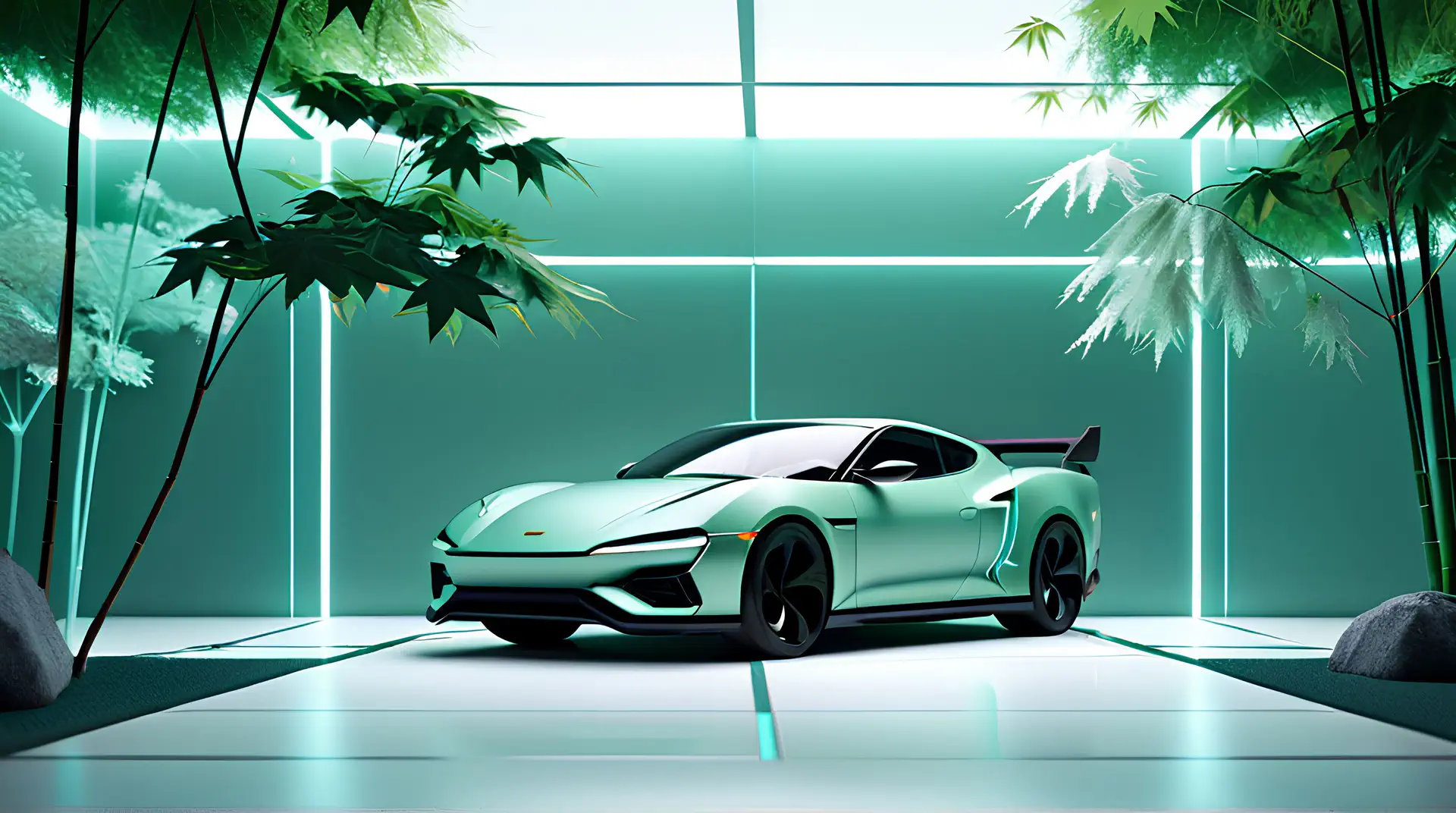 Mintgroene Sportwagen in Minimalistische Zen Showroom 4K Wallpaper
