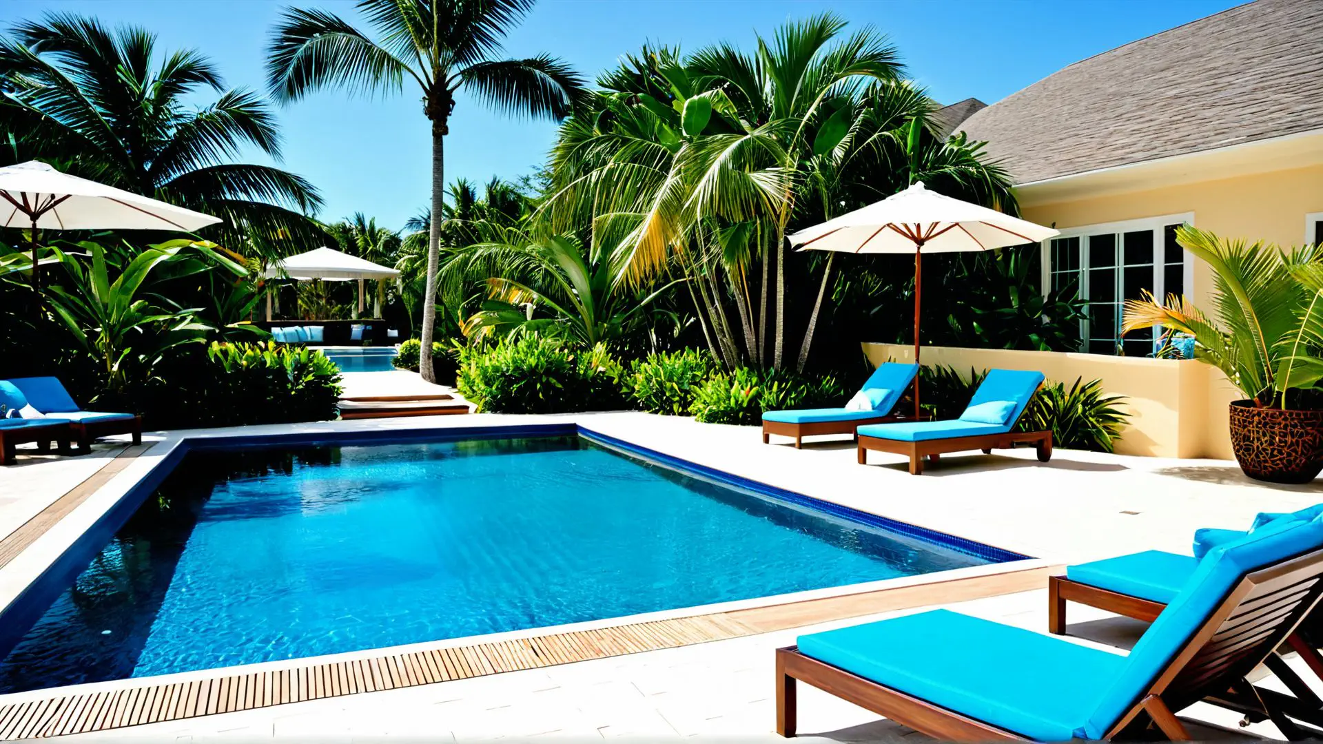 Luxe tropische villa met turquoise zwembad en palmbomen terras