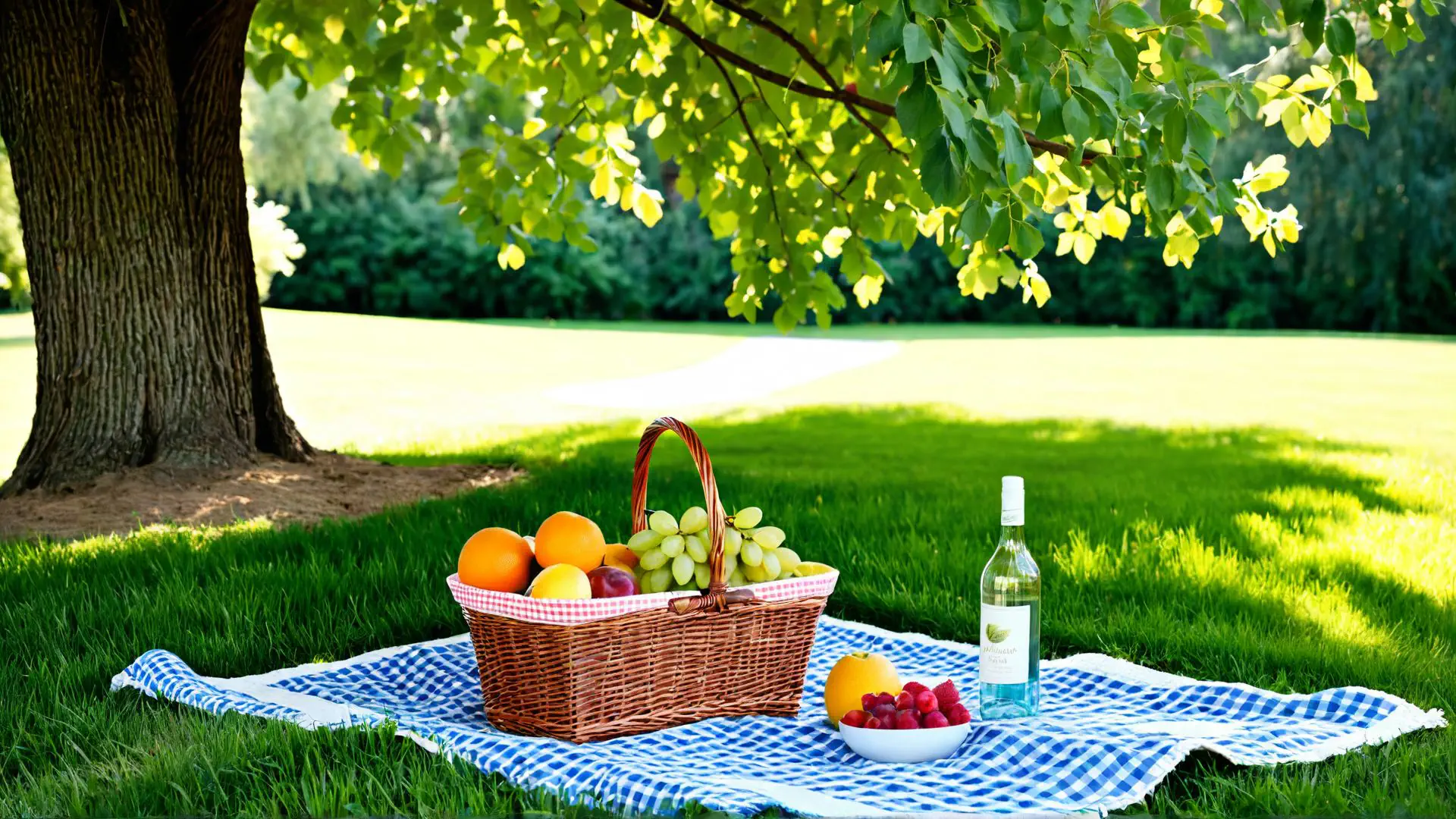 Zomerse picknick onder lindeboom met rieten mand en vers fruit