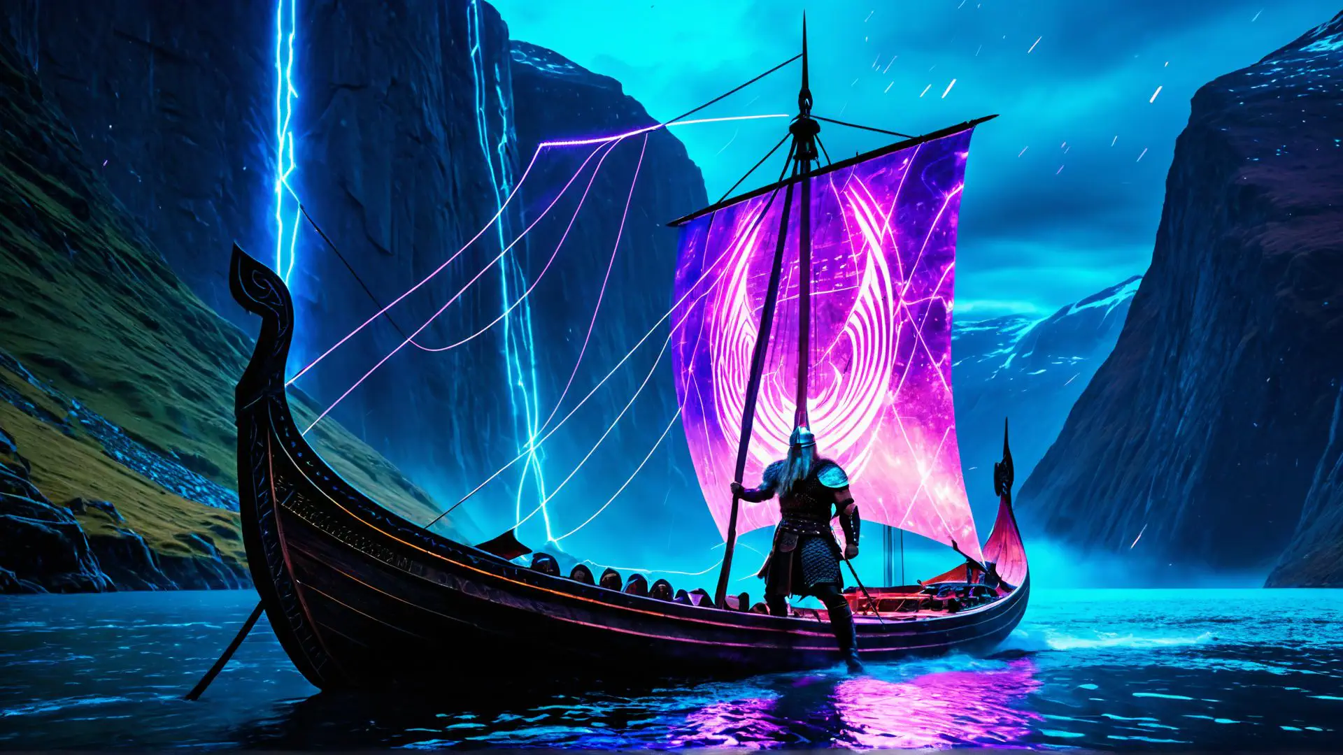 Magisch vikingschip met neonverlichting in mysterieus fjordenlandschap
