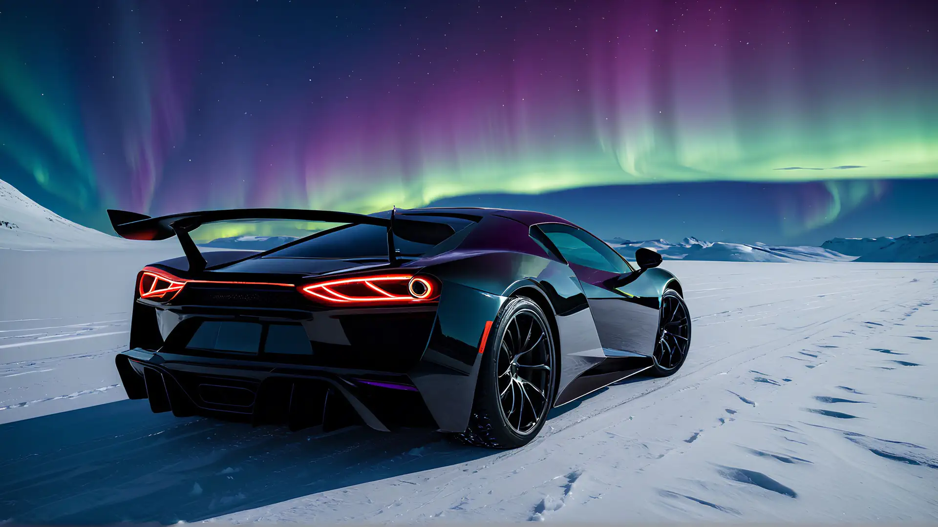 Iriserende Hypercar met Rode Achterlichten onder Noorderlicht in Arctisch Winterlandschap