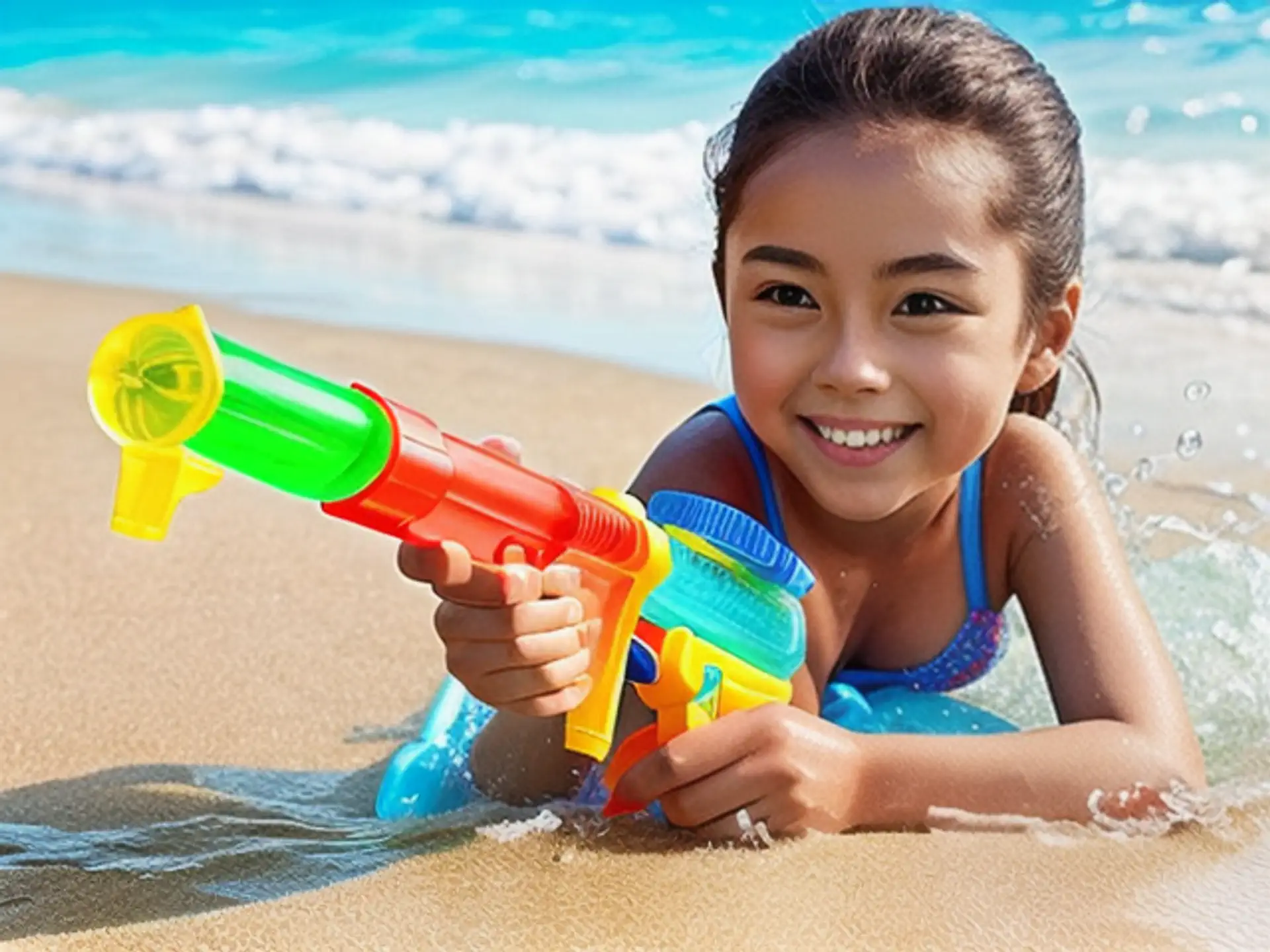 Zomers strandplezier met kleurrijk waterpistool aan tropische kust