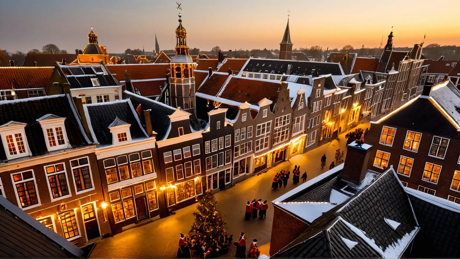 Sfeervol winters straatbeeld in historisch Nederlands stadje met
