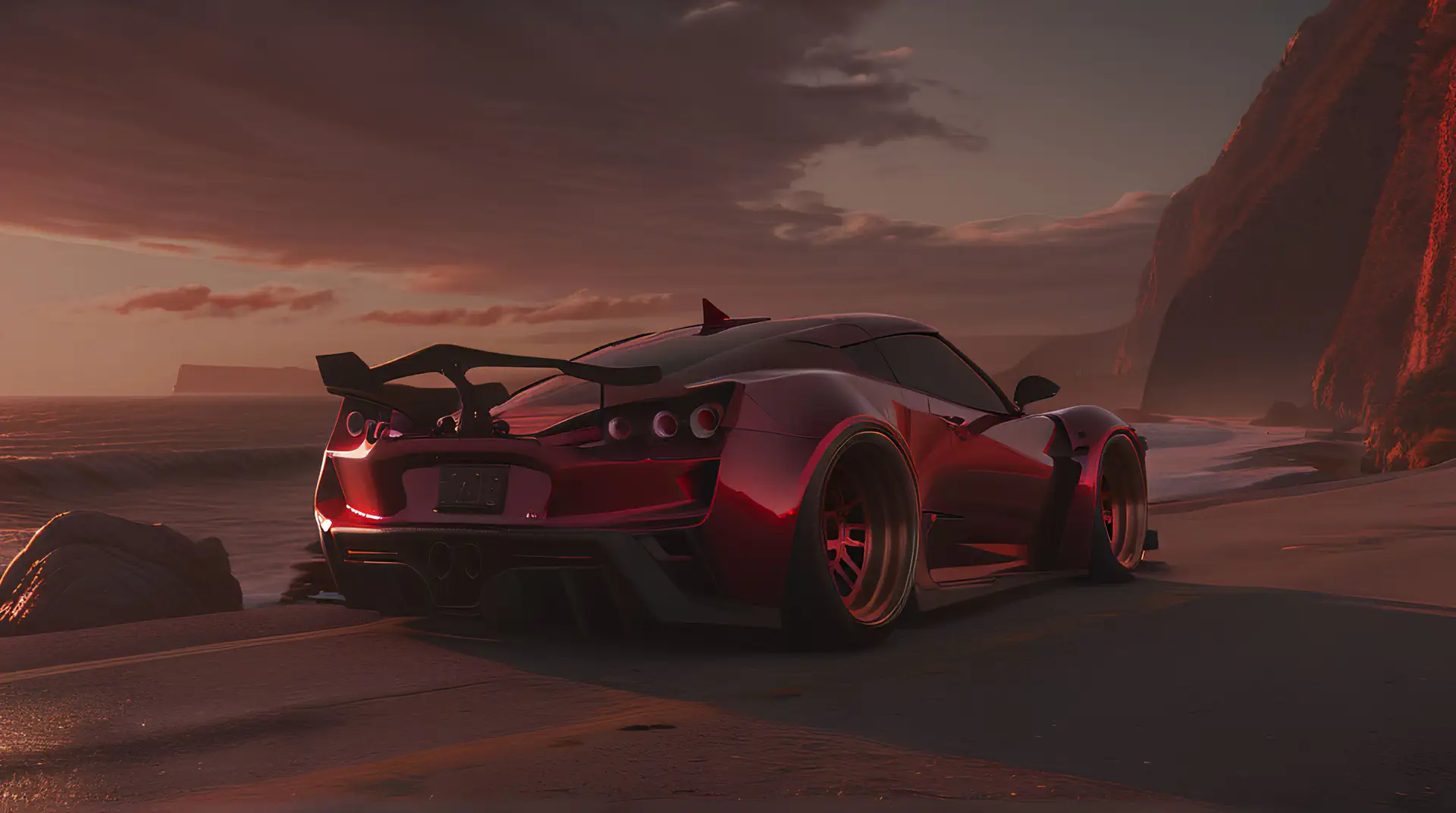 Rode Supercar op Kustweg bij Vurige Zonsondergang 4K Wallpaper