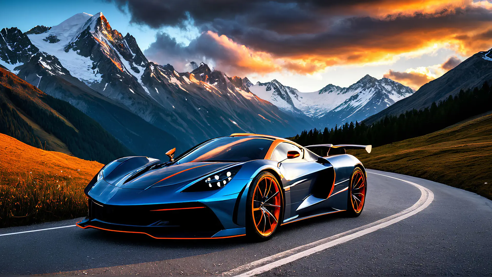SEO Titel: Blauwe Hypercar op Bergweg bij Zonsondergang Wallpaper 4K