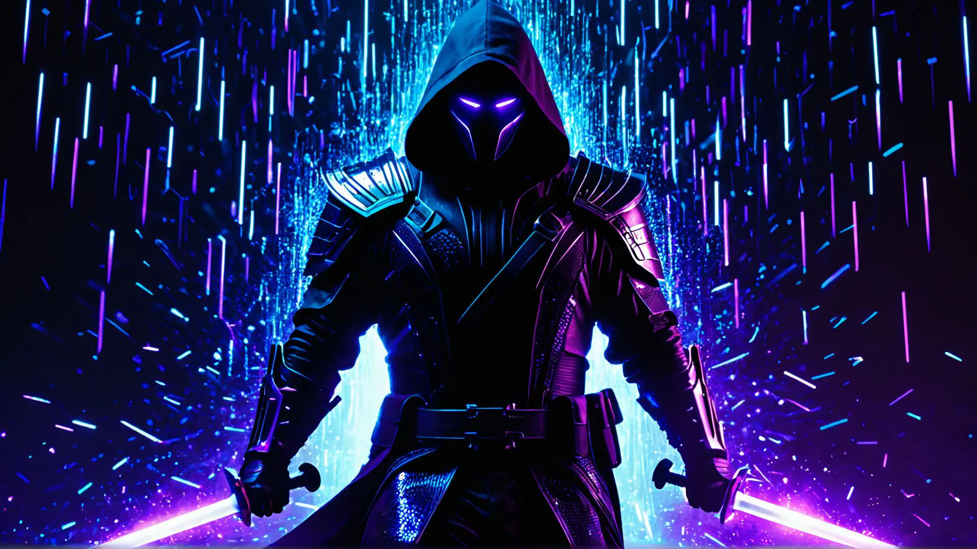 Futuristische krijger in neon met zwaard tegen cyberpunk achtergrond