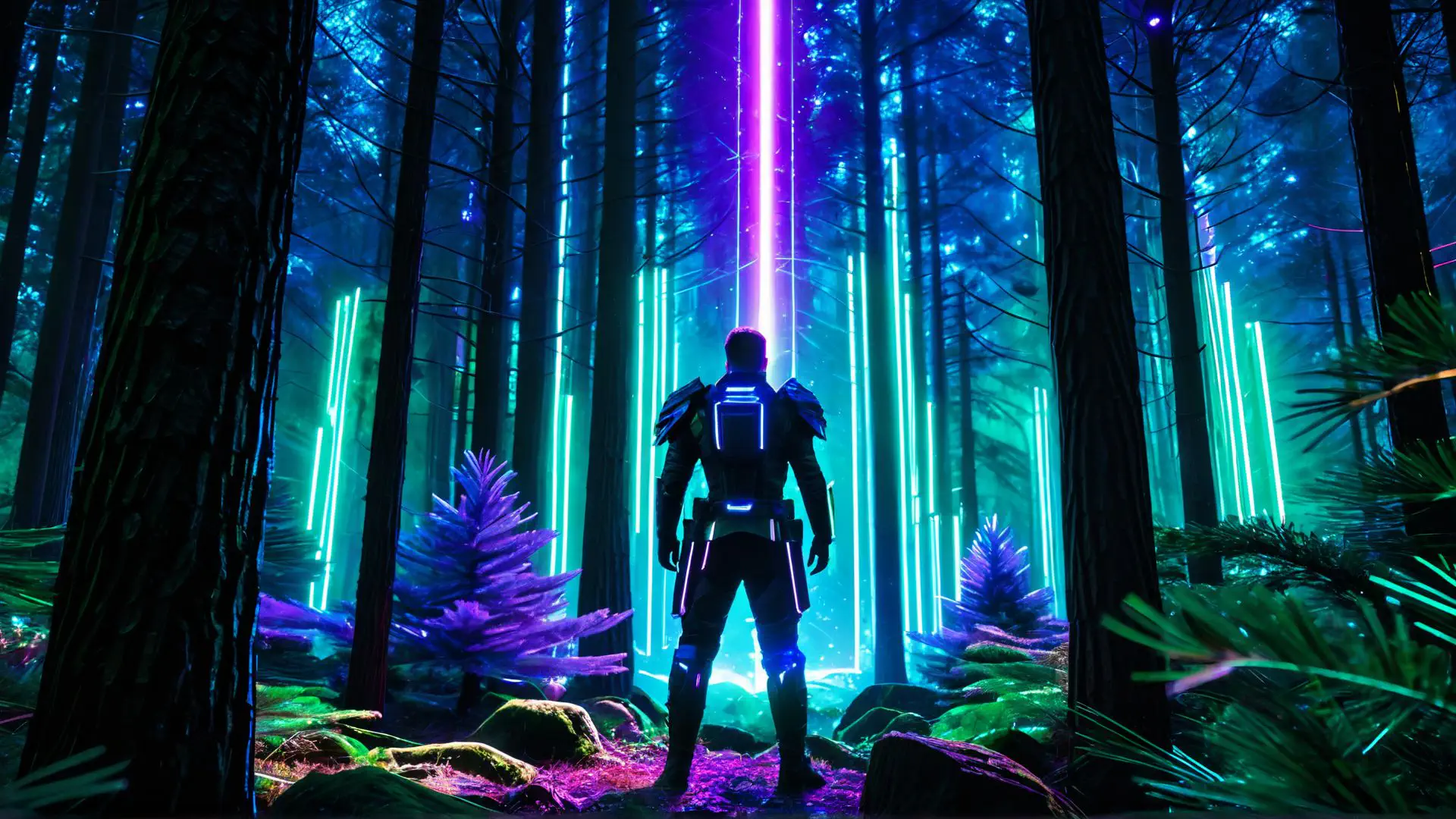 Futuristisch neonbos met cyberpunk krijger in mysterieuze setting