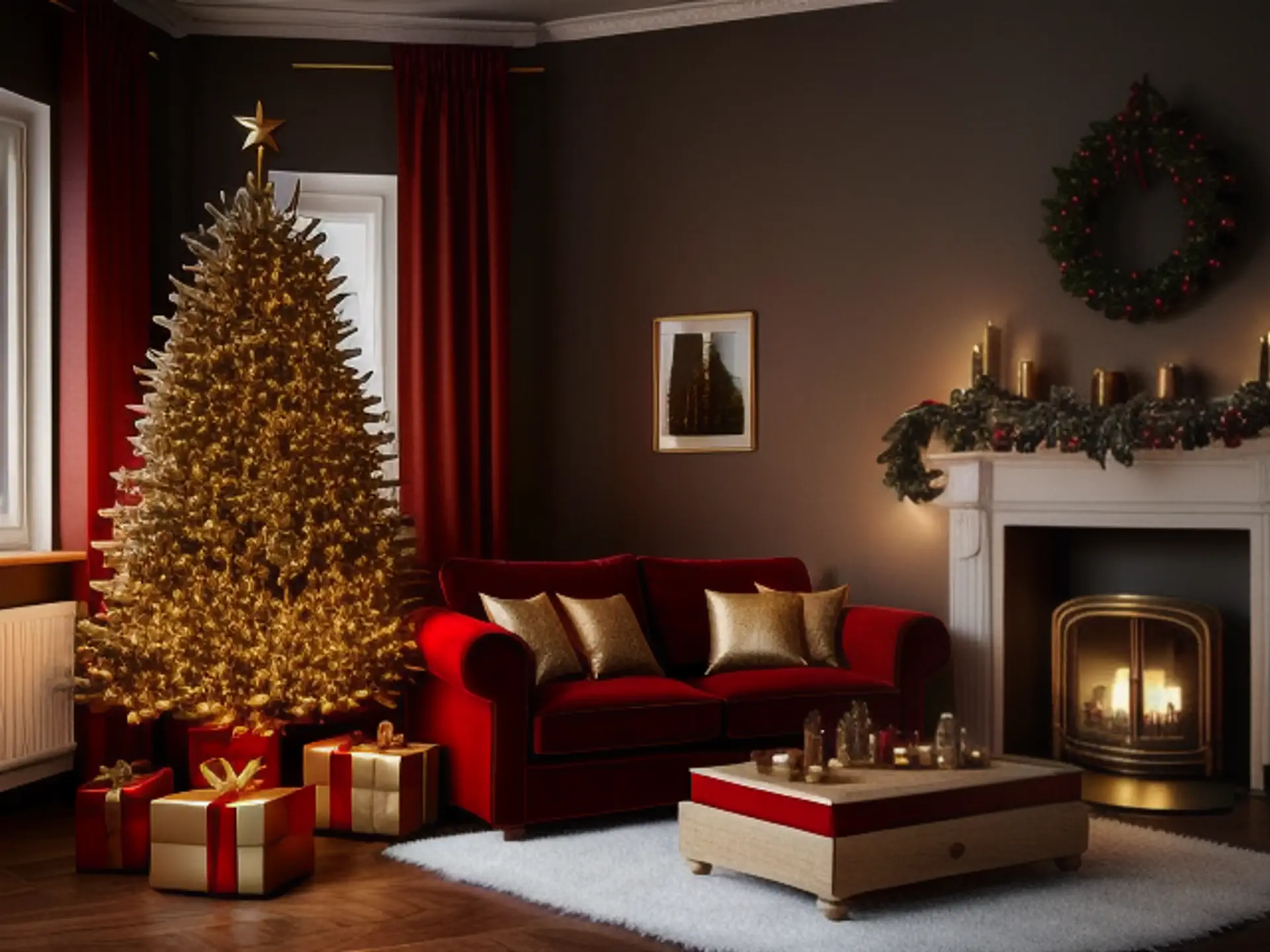 Sfeervolle kerstdecoratie in luxe woonkamer met open haard en rode