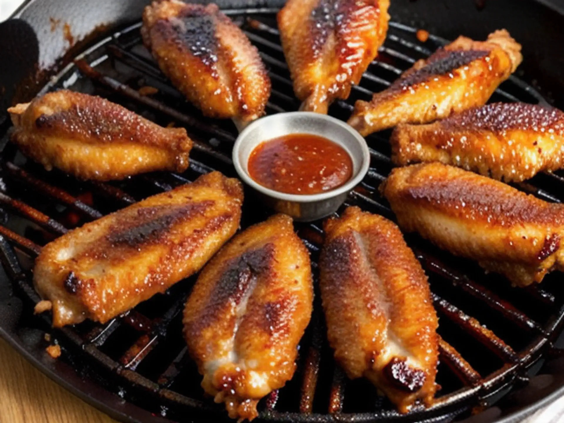 Gegrilde kippenvleugels met pittige dipsaus op barbecuerooster