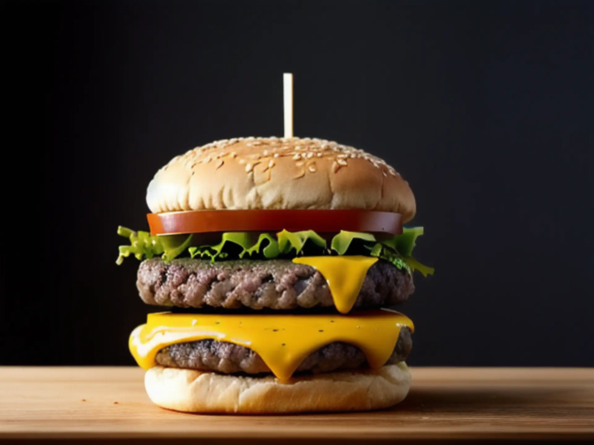 Sappige dubbele cheeseburger op houten plank tegen zwarte achtergrond
