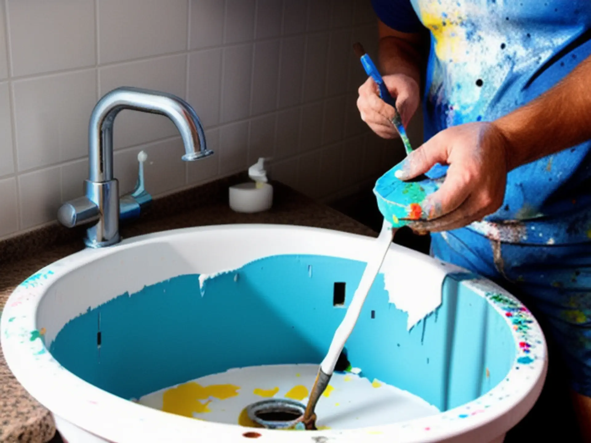 Kunstenaar reinigt penselen in wasbak na schildersessie met acrylverf