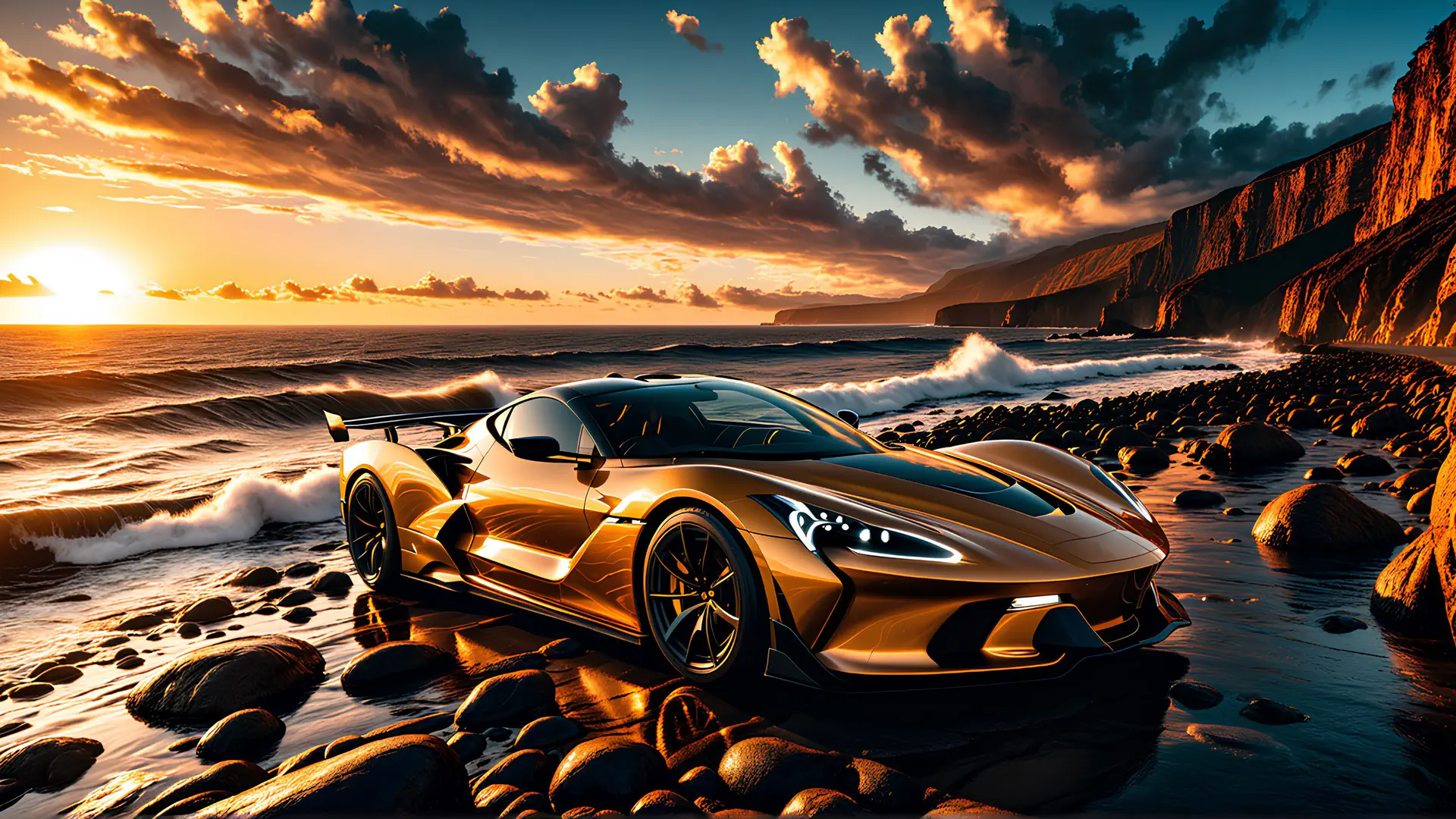 Gouden Supercar op Rotsachtig Strand tijdens Spectaculaire Zonsondergang