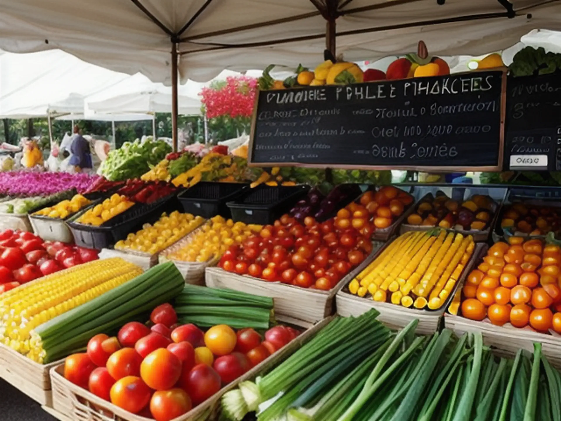 Kleurrijke biologische marktstand met verse groenten en fruit in