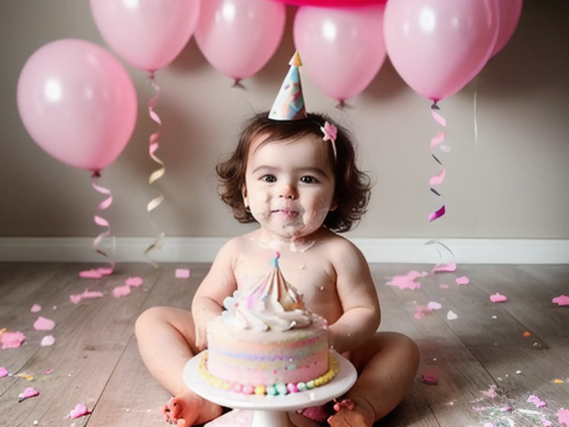 Vrolijke eerste verjaardag met roze ballonnen en smash cake fotoshoot