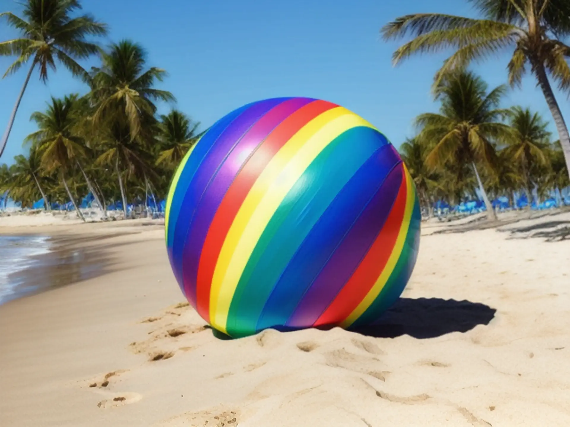 Kleurrijke strandbal op tropisch palmenstrand tijdens zonnige dag