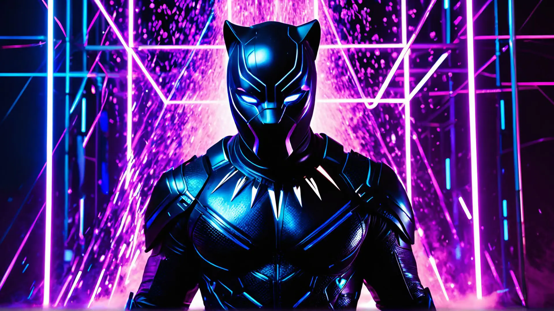Black Panther neon kunstwerk met paarse en blauwe lichteffecten