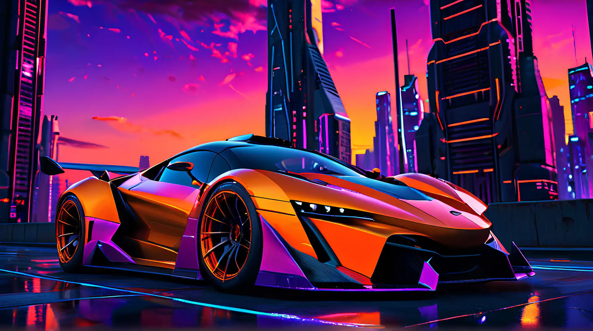 Luxe Sportwagen in Cyberpunk Zonsondergang
