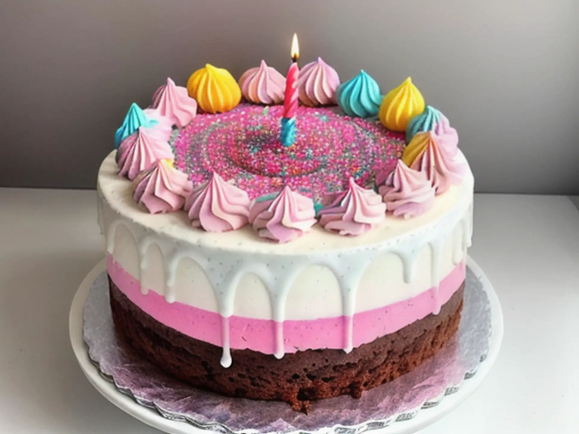 Kleurrijke dripcake met meringue toefjes en feestelijke versiering