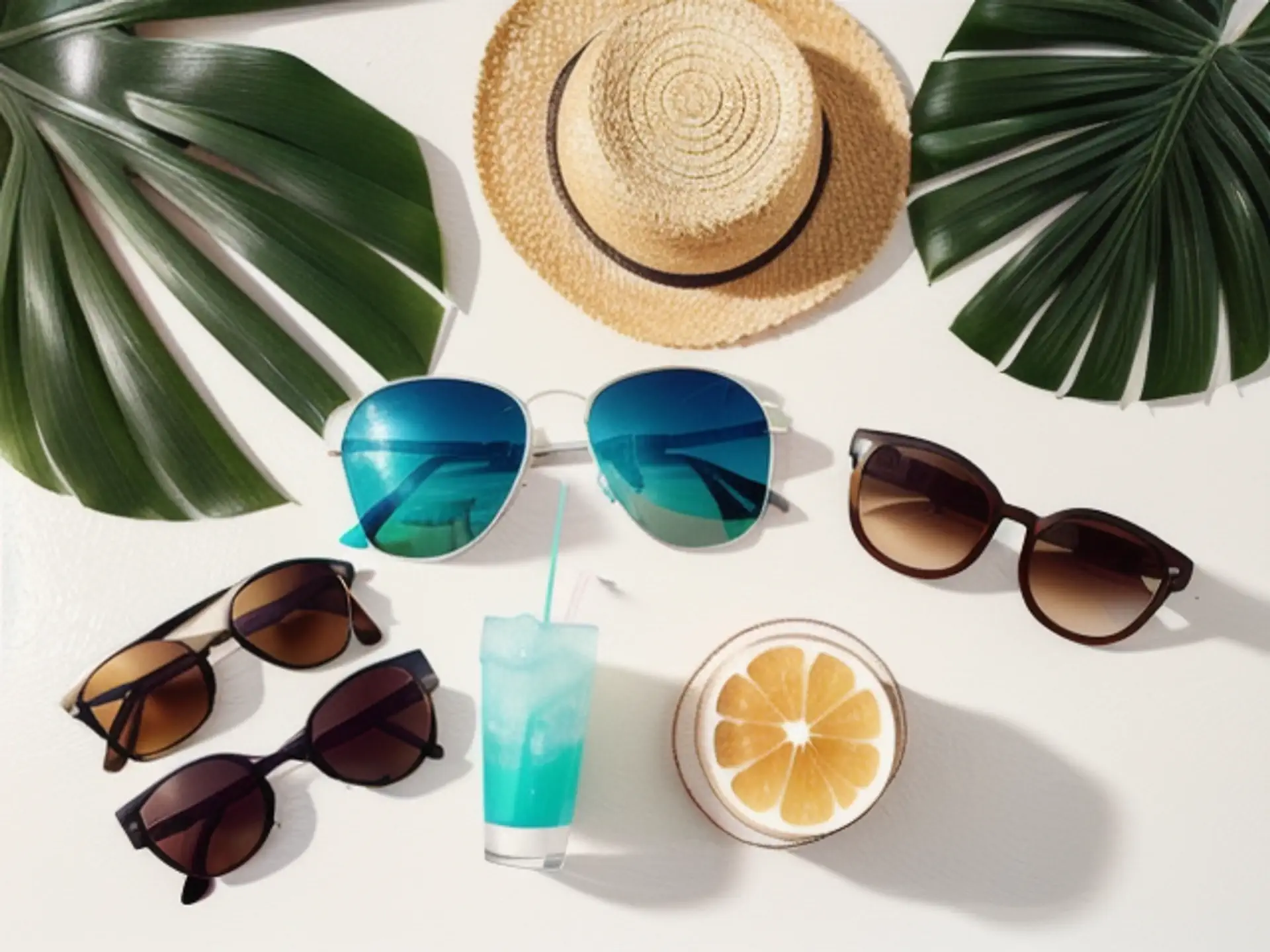 Tropische zomerstijl met zonnebrillen, cocktail en monstera bladeren