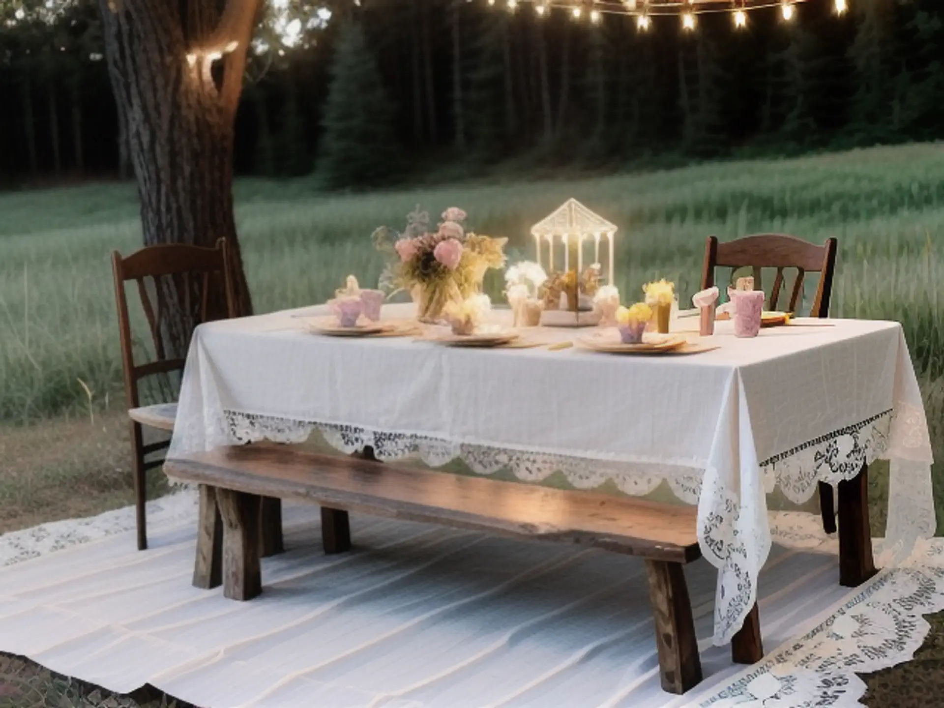 Romantische tuintafel met lantaarns en kant voor intieme buitendiners