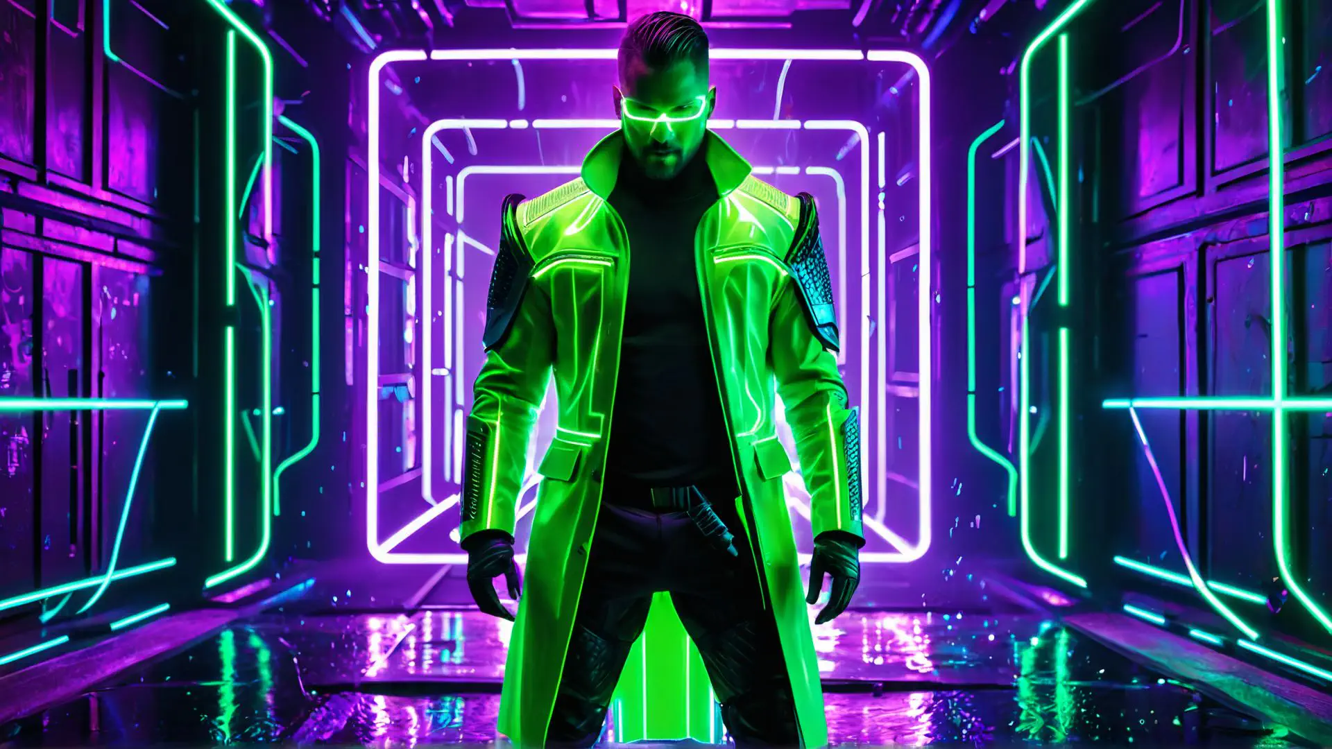 Futuristische neonscène met cyberpunk outfit in groen en paars licht