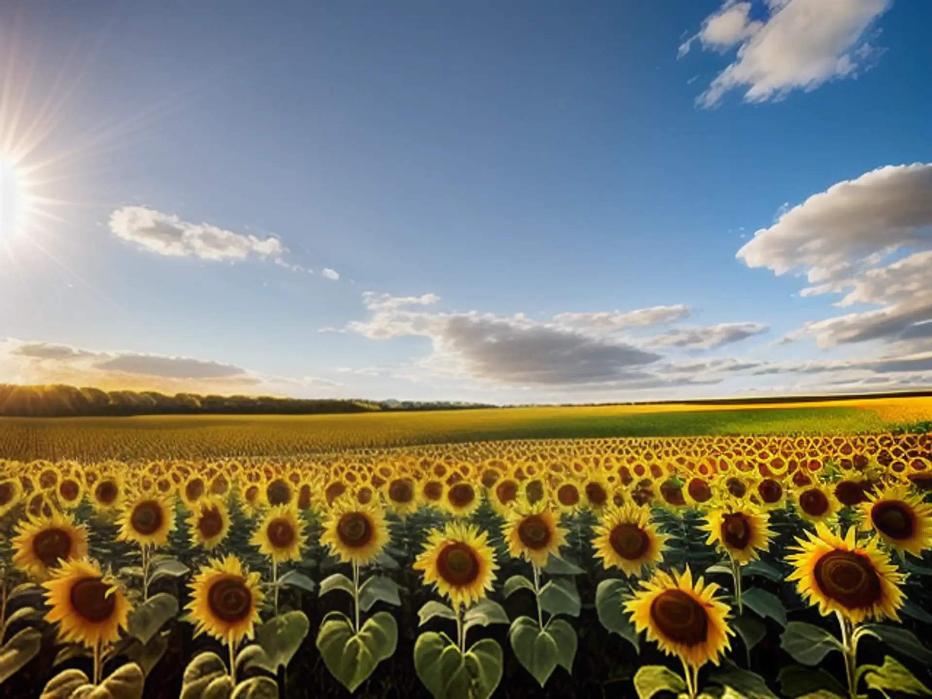 Zonnebloemen veld tijdens gouden zonsondergang met wolkenlucht
