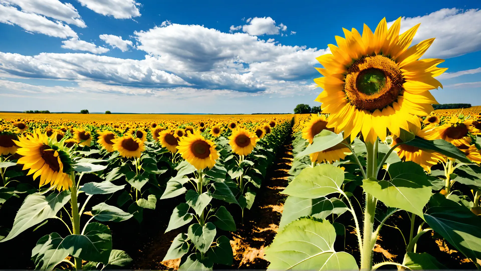 Bloeiend zonnebloemenveld onder stralend blauwe zomerhemel