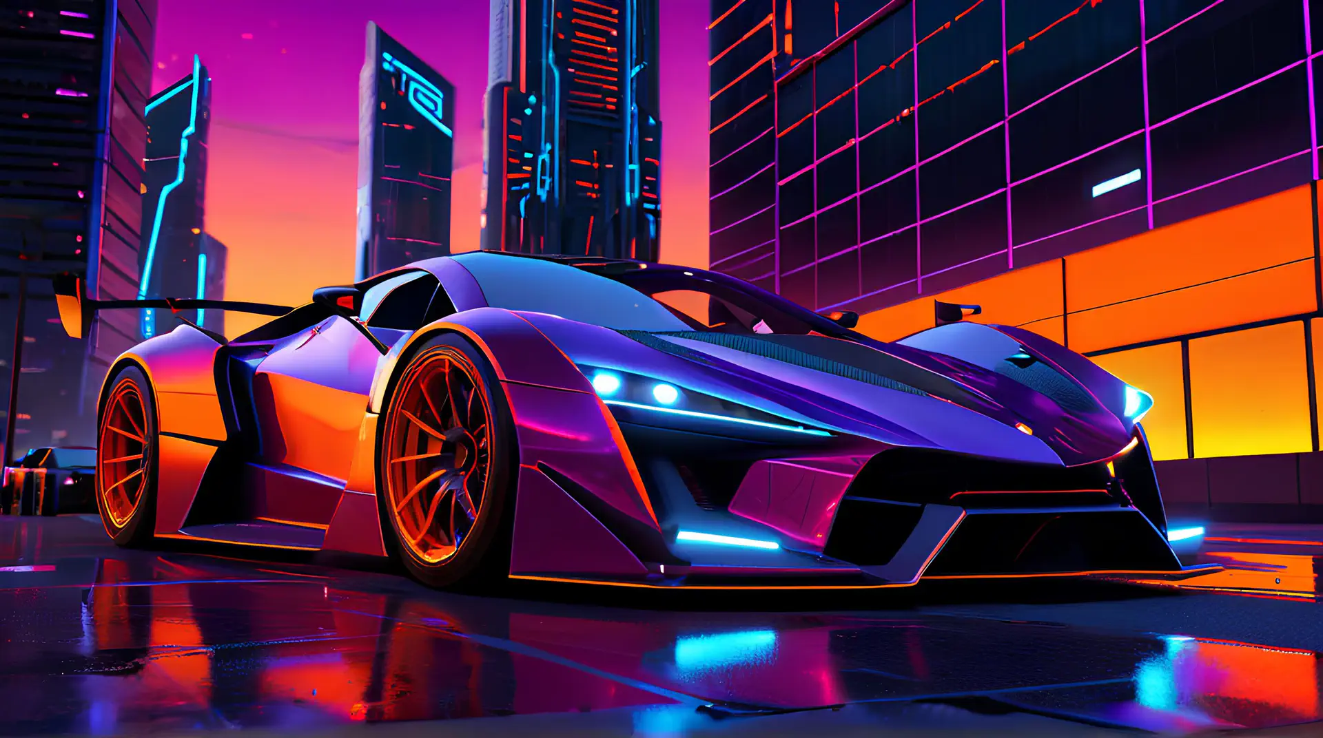 Futuristische Superauto in Cyberpunk Nachtstad