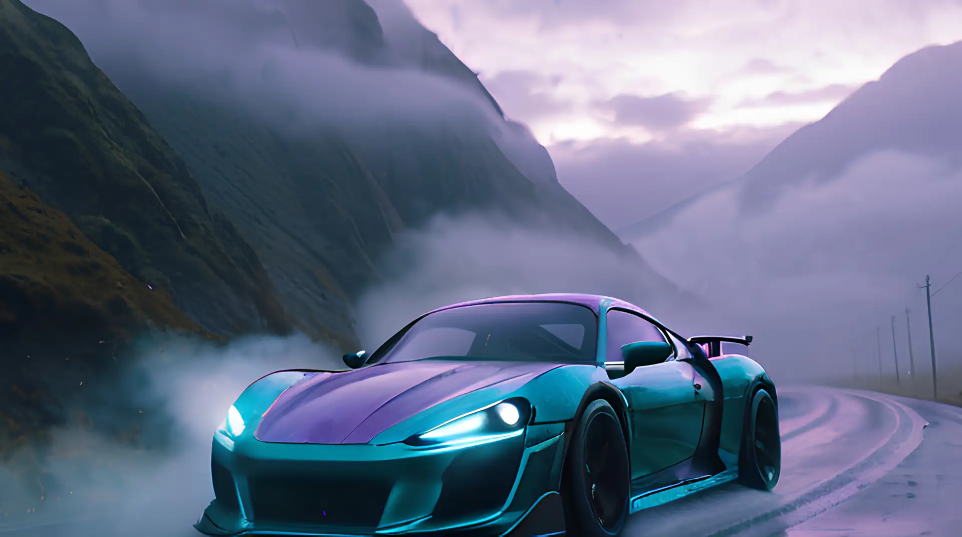 Turquoise-Paars Kleurwisselende Hypercar op Mistige Bergpas 4K Wallpaper