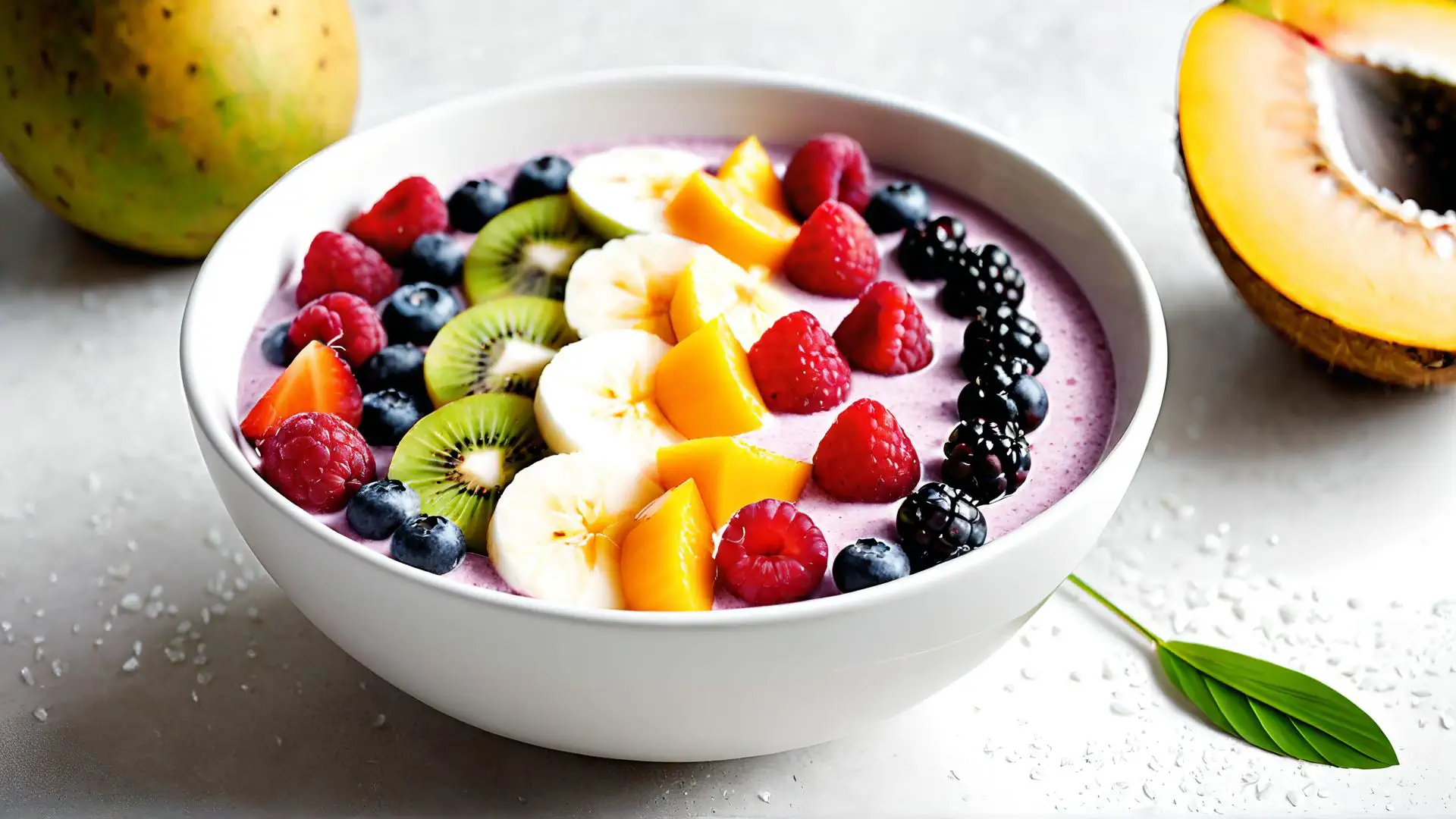 Kleurrijke smoothie bowl met vers fruit en bessen voor gezond ontbijt