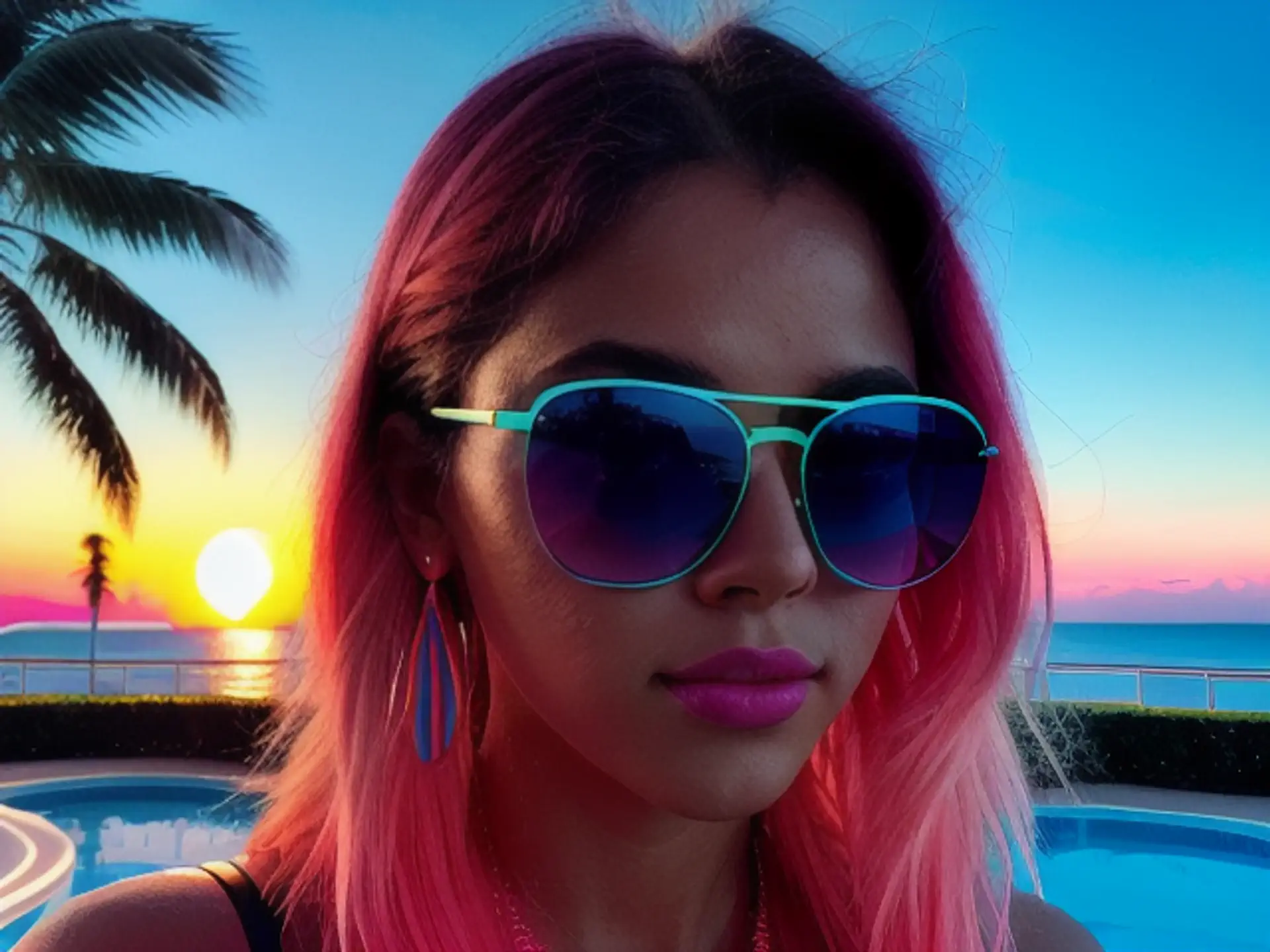 Tropische zonsondergang met stijlvolle zonnebril bij zwembad resort