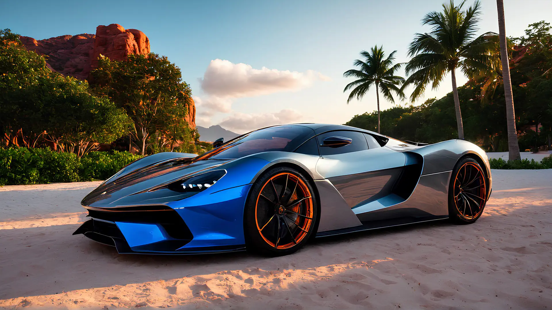 Blauwe Supercar op Tropisch Strand met Palmbomen Wallpaper 4K