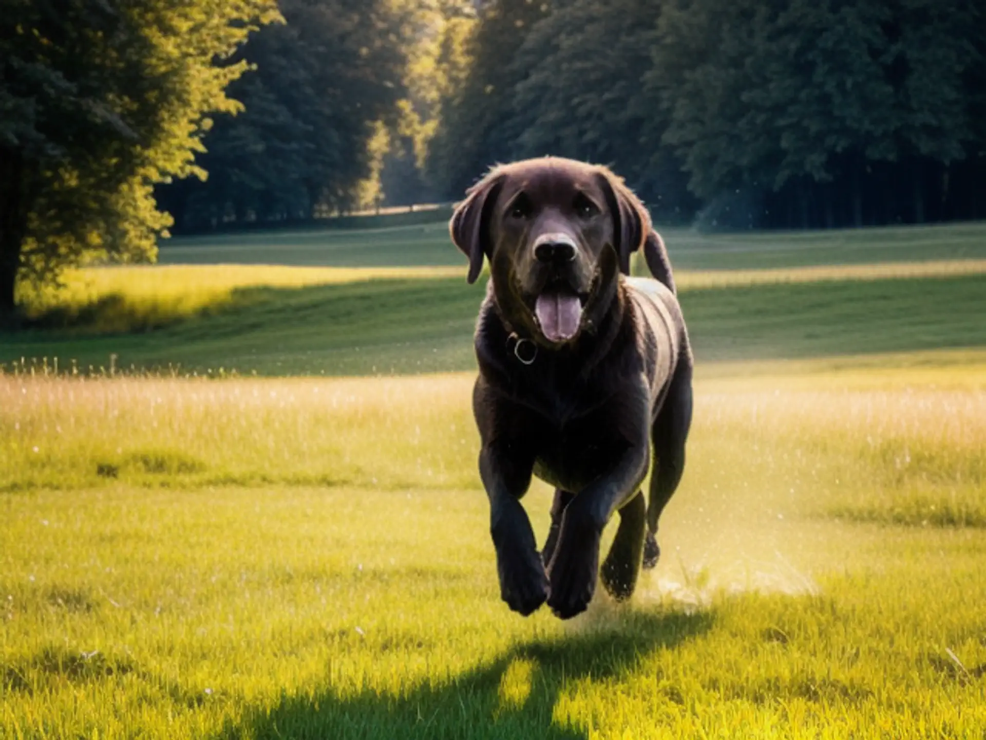 Vrolijke Labrador springt door zonnig zomers natuurlandschap
