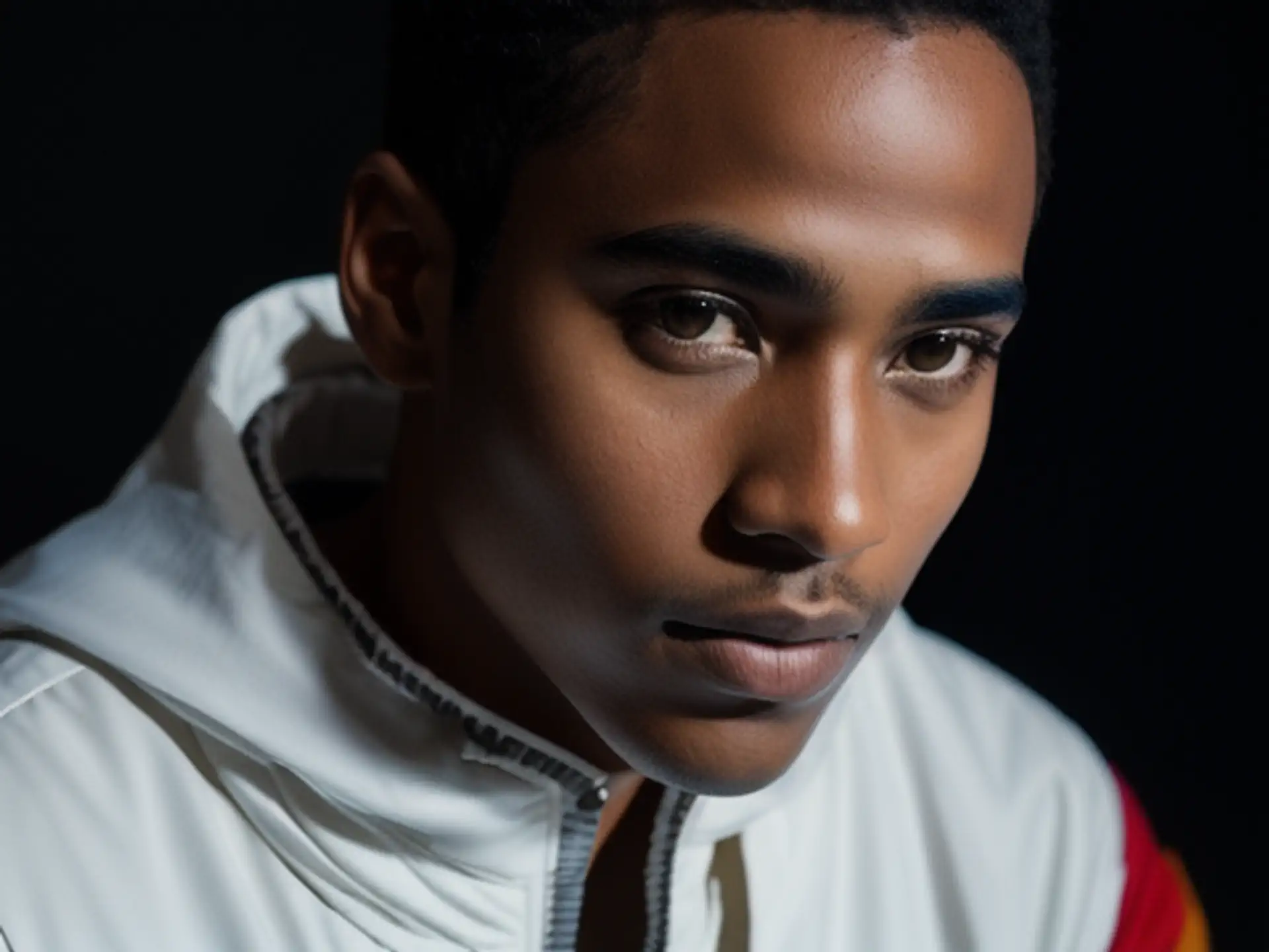 Stijlvol portret met dramatische belichting en witte sportkleding