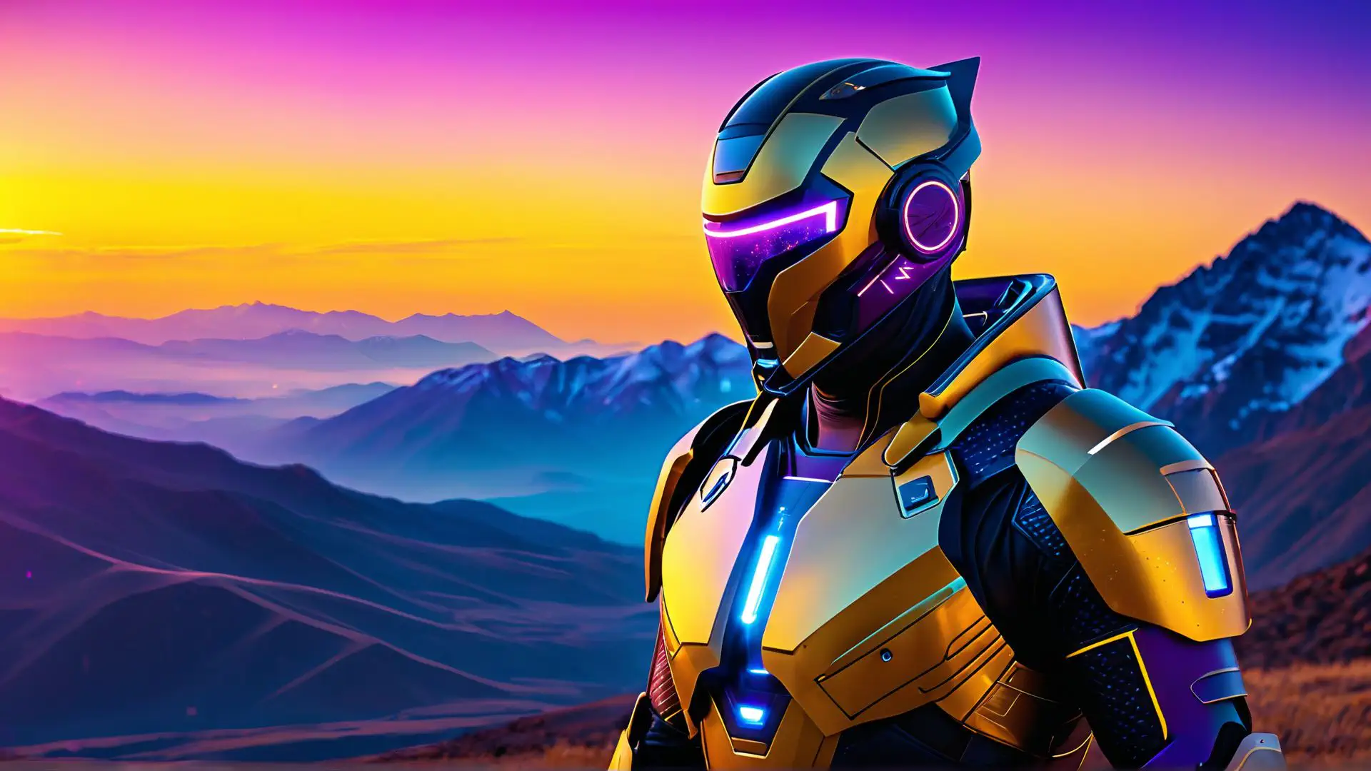 Futuristisch robotpantser tegen kleurrijke bergzonsondergang