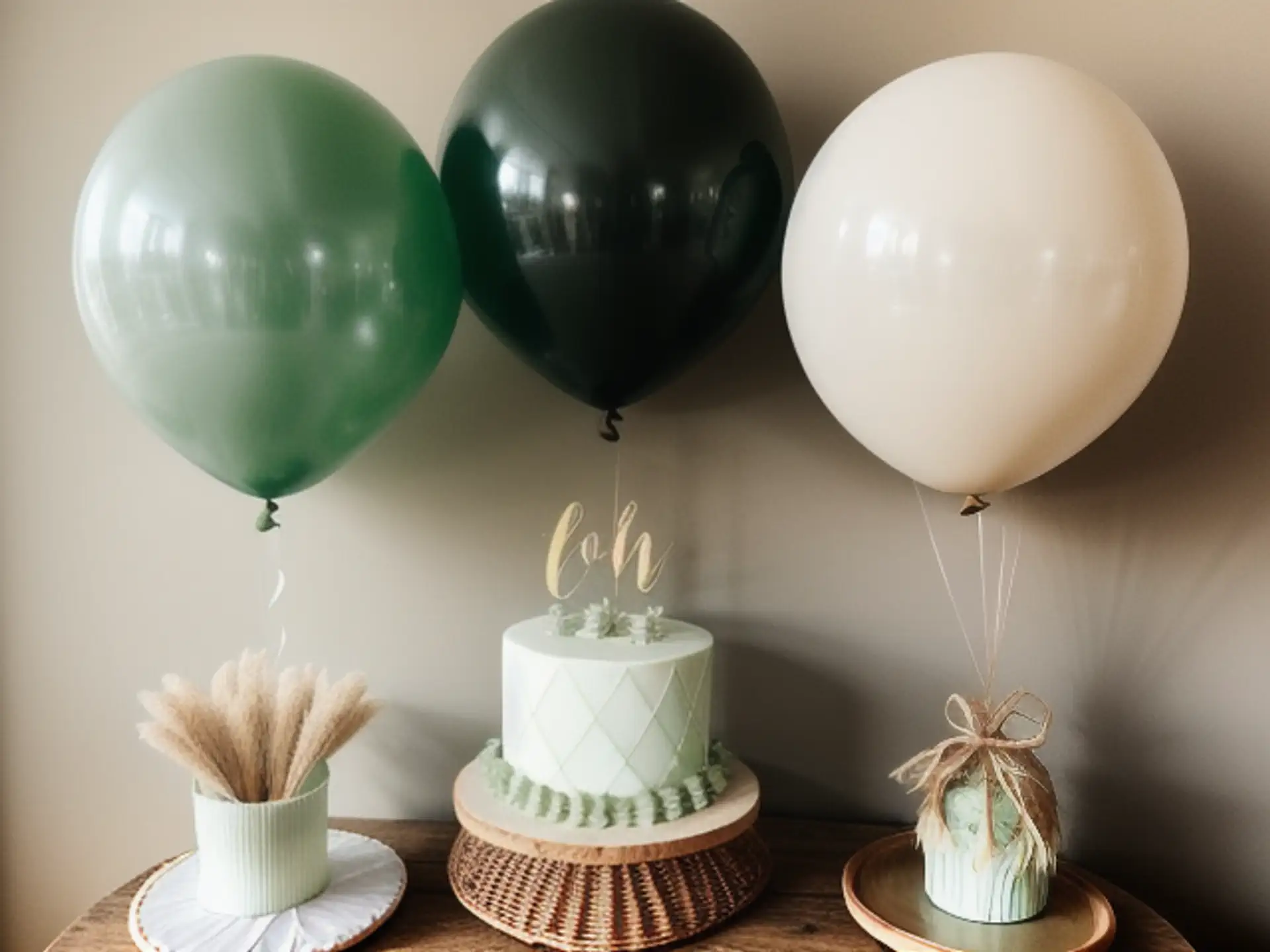 Moderne feestdecoratie in mintgroen met ballonnen en taartopstelling