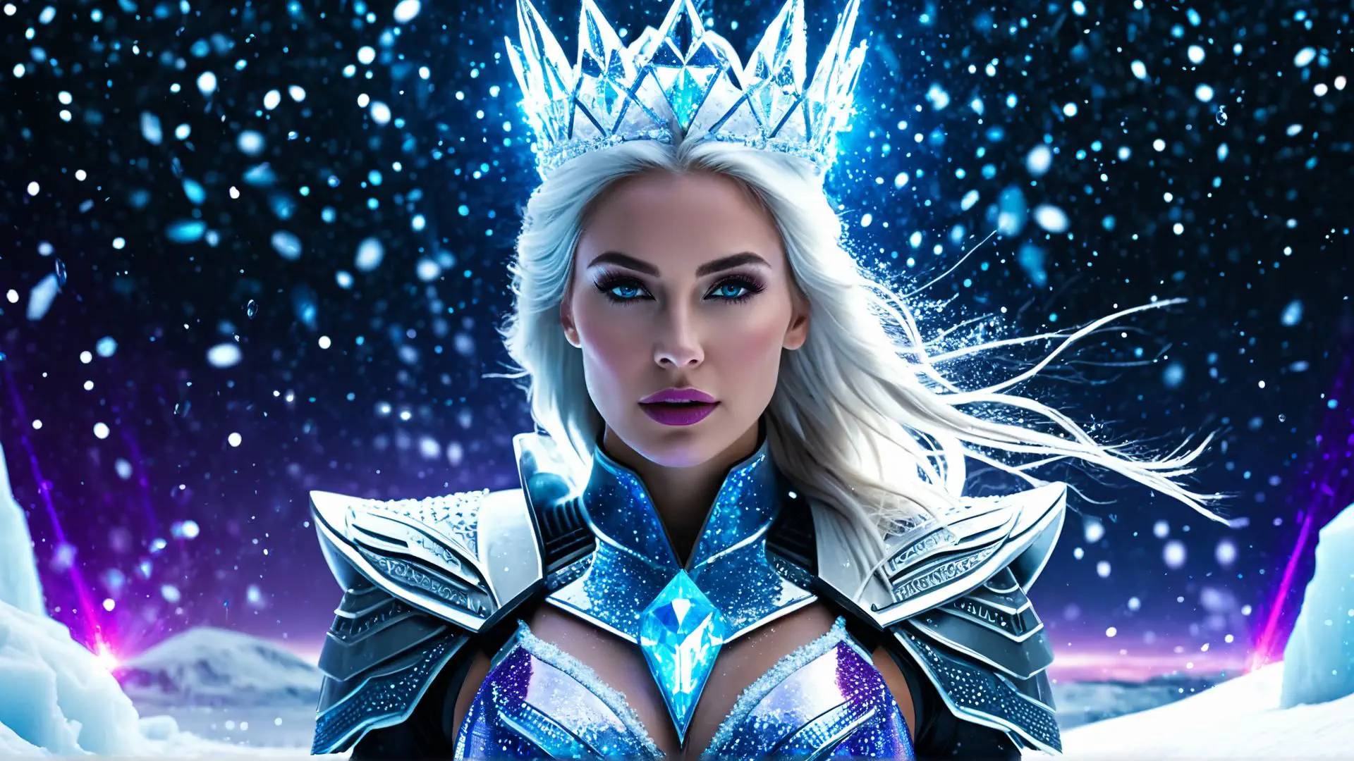 Magische ijskoningin fantasy portret met kristallen kroon in sneeuw