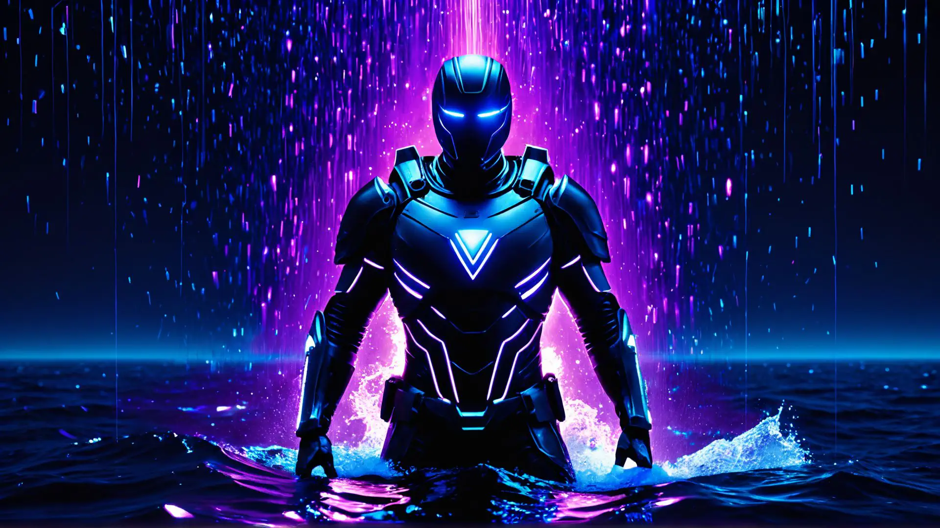 Futuristische robot in neon water met paarse en blauwe lichteffecten