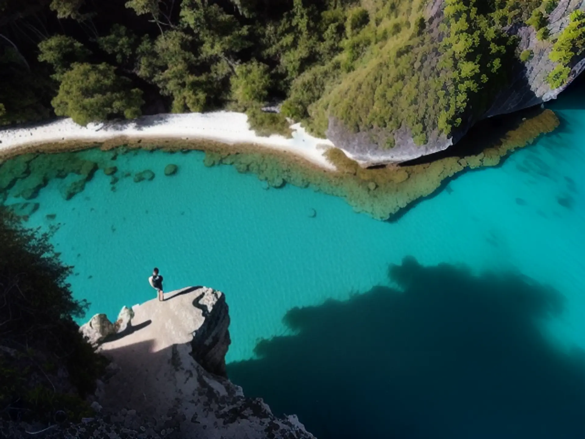 Adembenemend uitzicht over turquoise meer vanaf rotsrichel