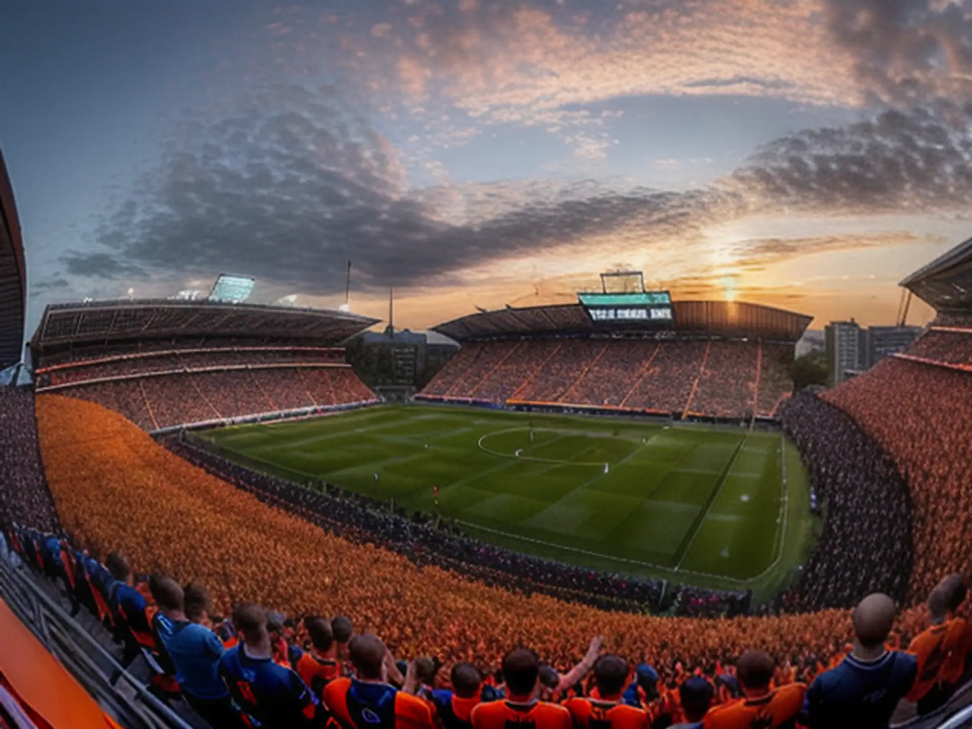 Spectaculaire zonsondergang boven vol voetbalstadion tijdens wedstrijd