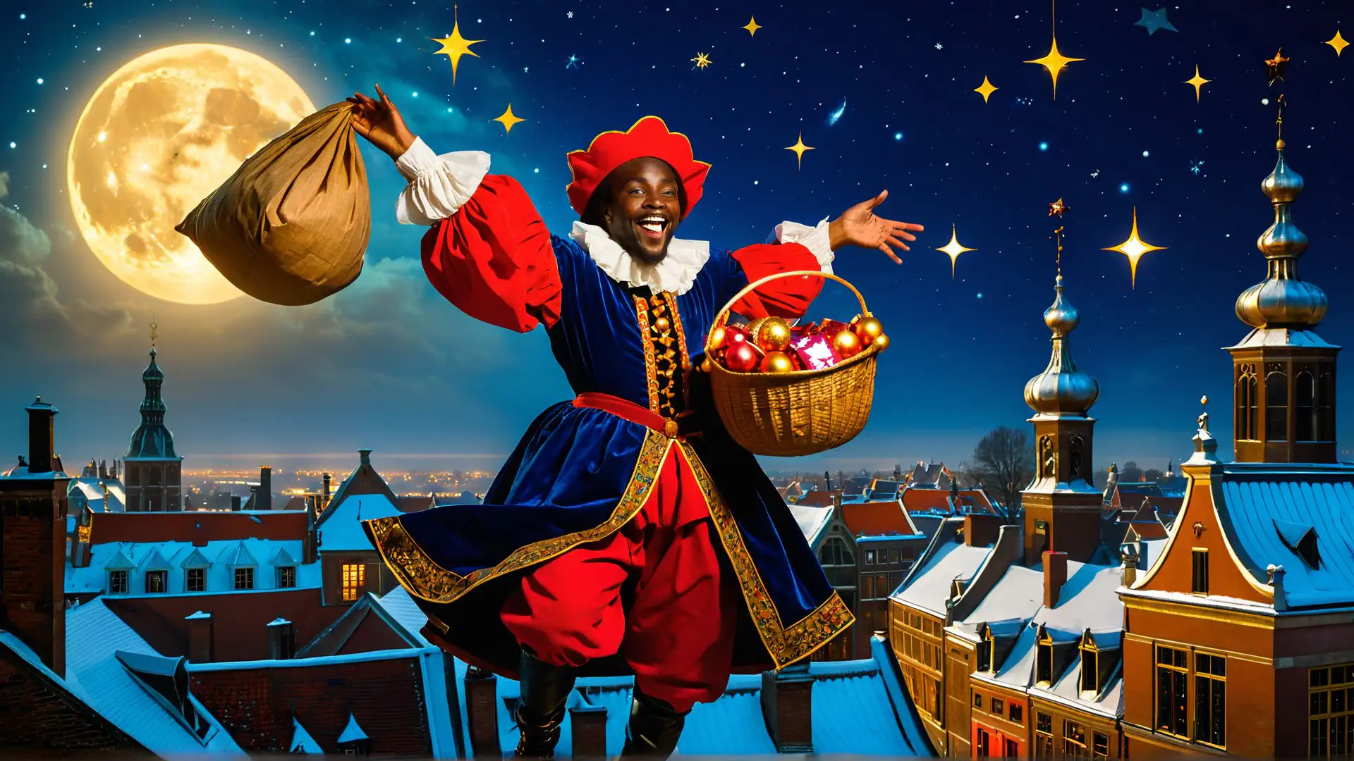 Magische Sinterklaasavond boven besneeuwde Nederlandse daken