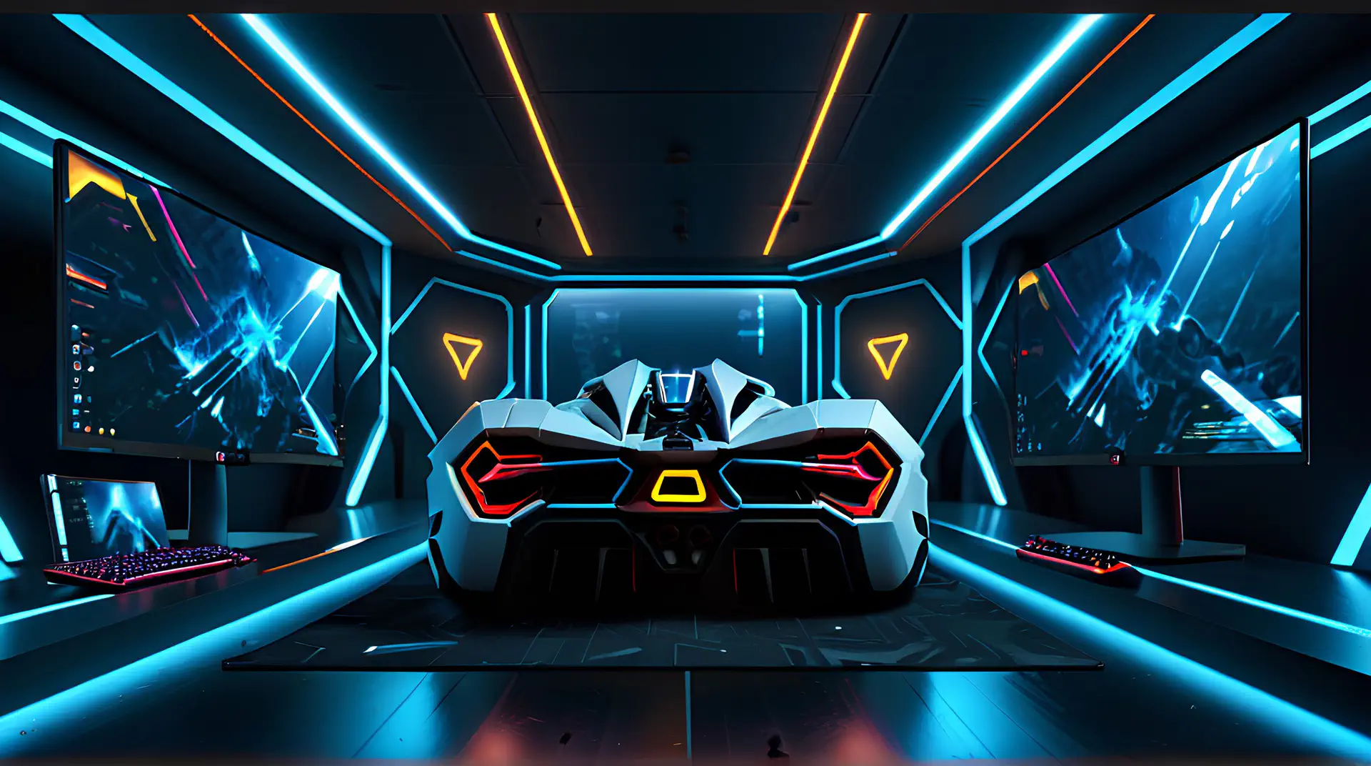 Witte Hypercar Achterkant in Futuristische Gaming Setup 4K Wallpaper