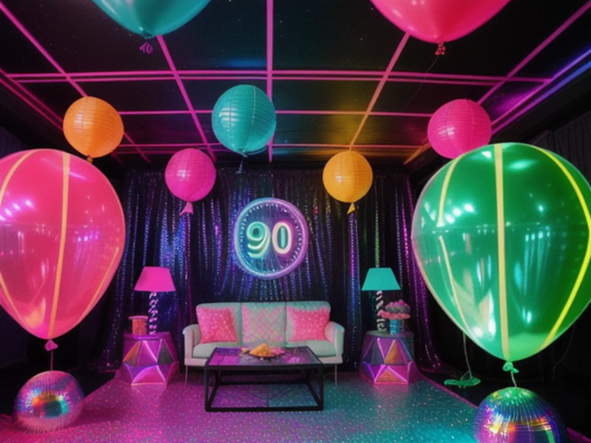 Neon jaren 90 themafeest decoratie met retro disco-elementen