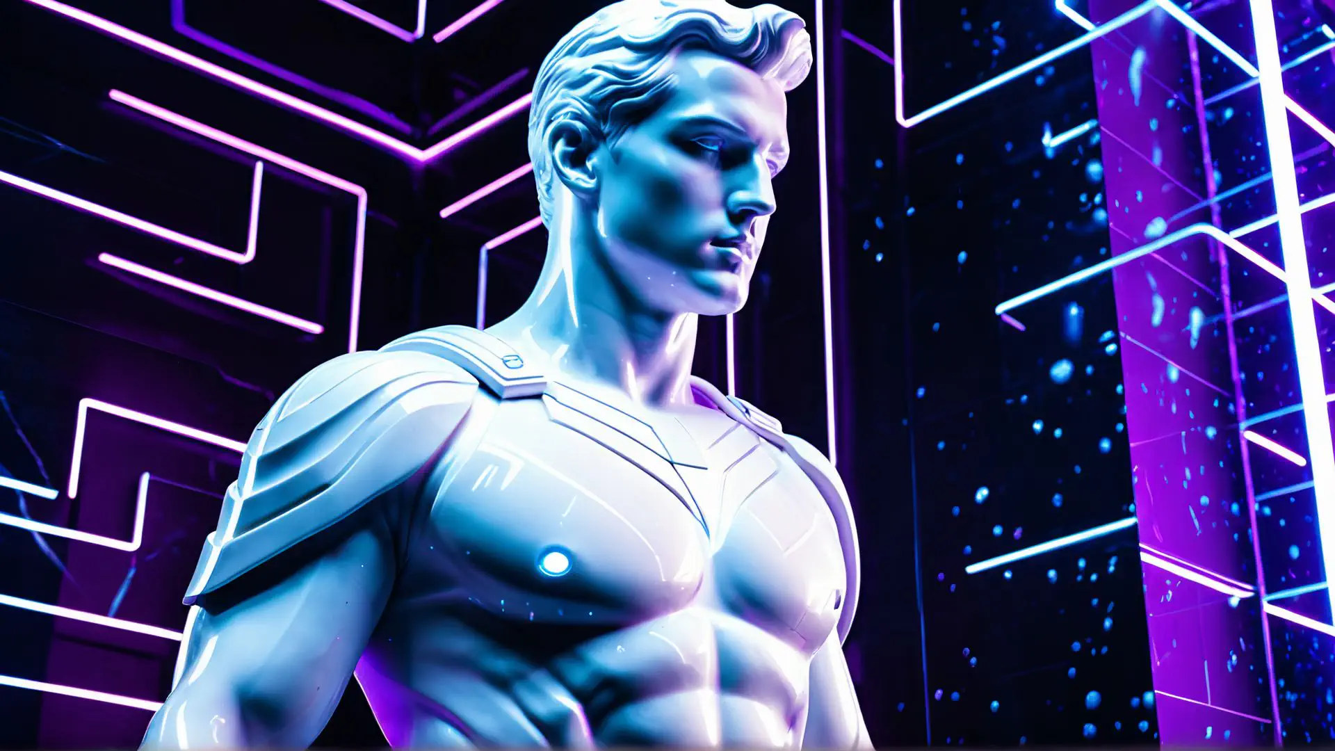 Futuristische AI robot in neon cyberpunk omgeving met paarse accenten