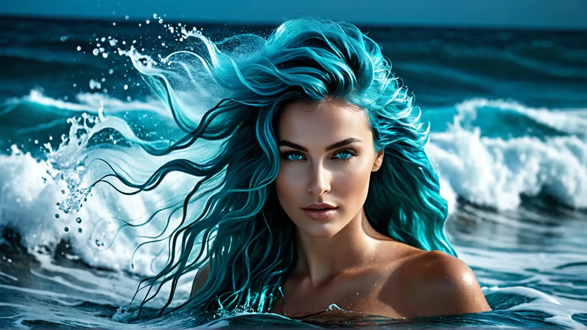 Turquoise zeemeermin fantasie portret met golvende oceaan achtergrond