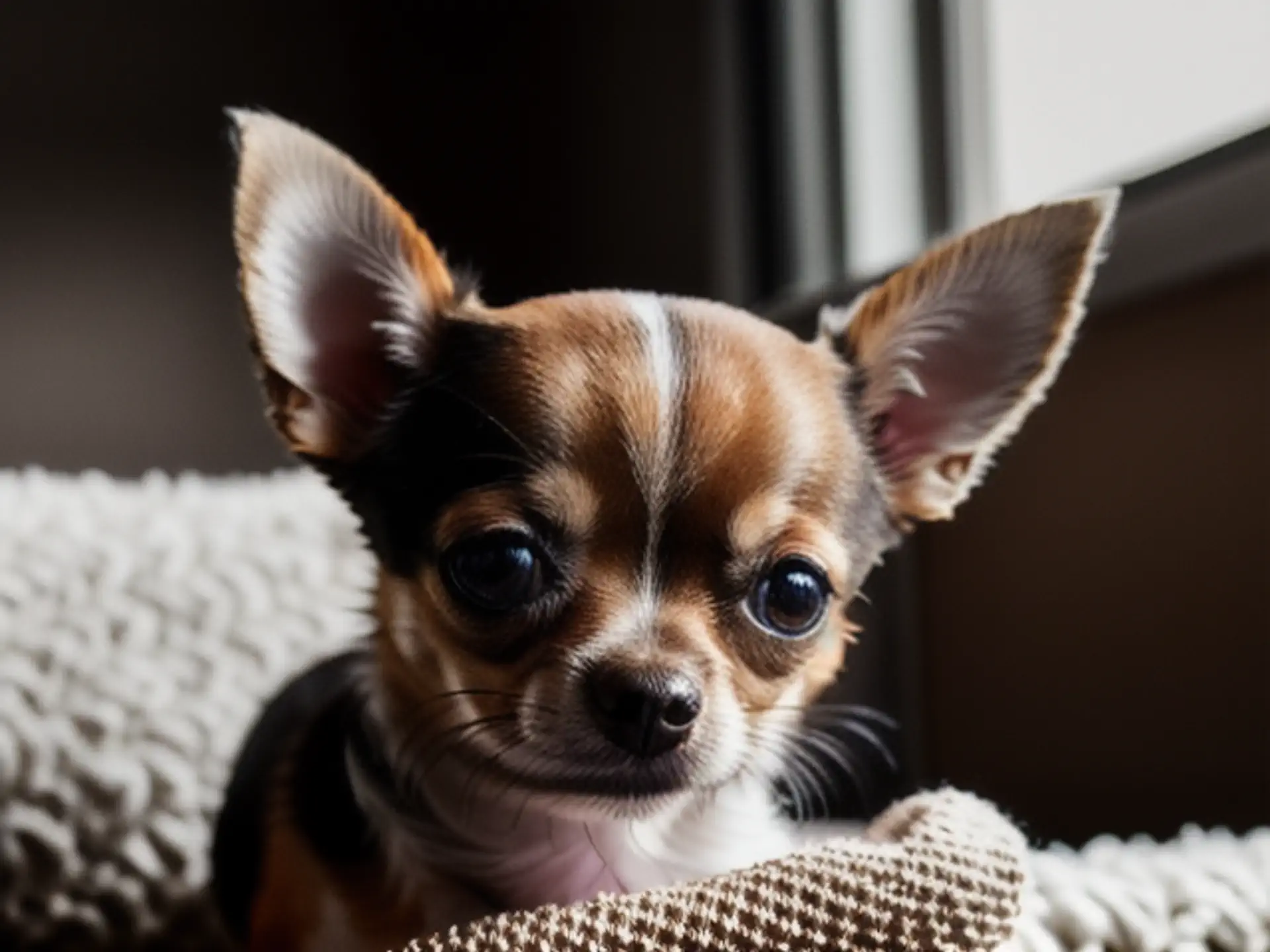 Schattige Chihuahua puppy close-up portret op gebreide deken