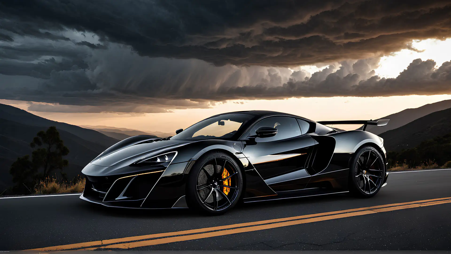 Zwarte Hypercar met Gele Remklauwen onder Dramatische Stormlucht op Bergweg
