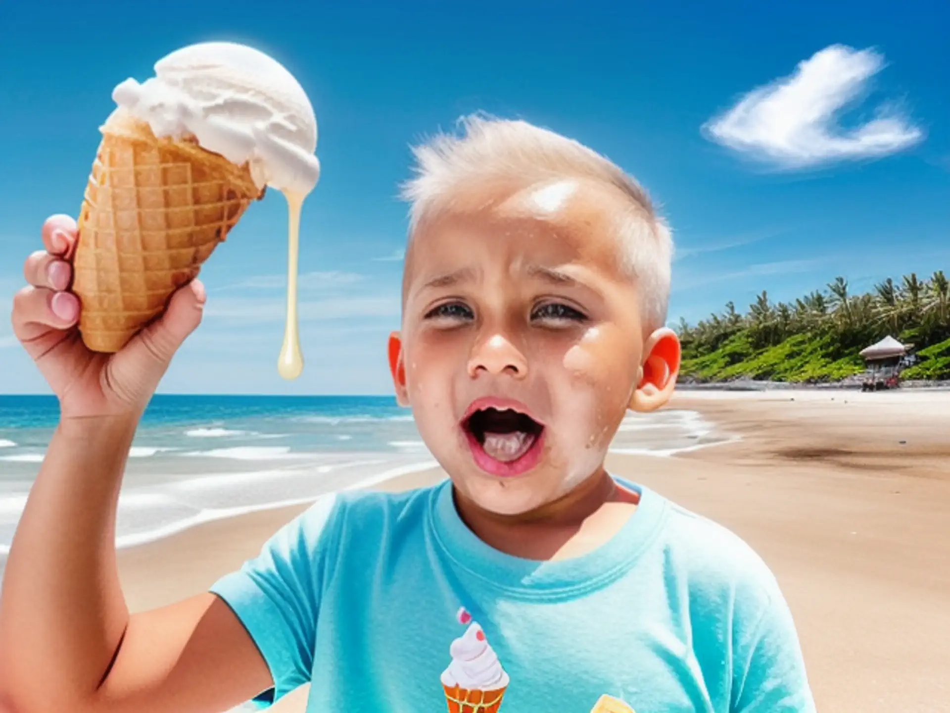 Zomerpret op het strand met smeltend vanille-ijs in hoorntje