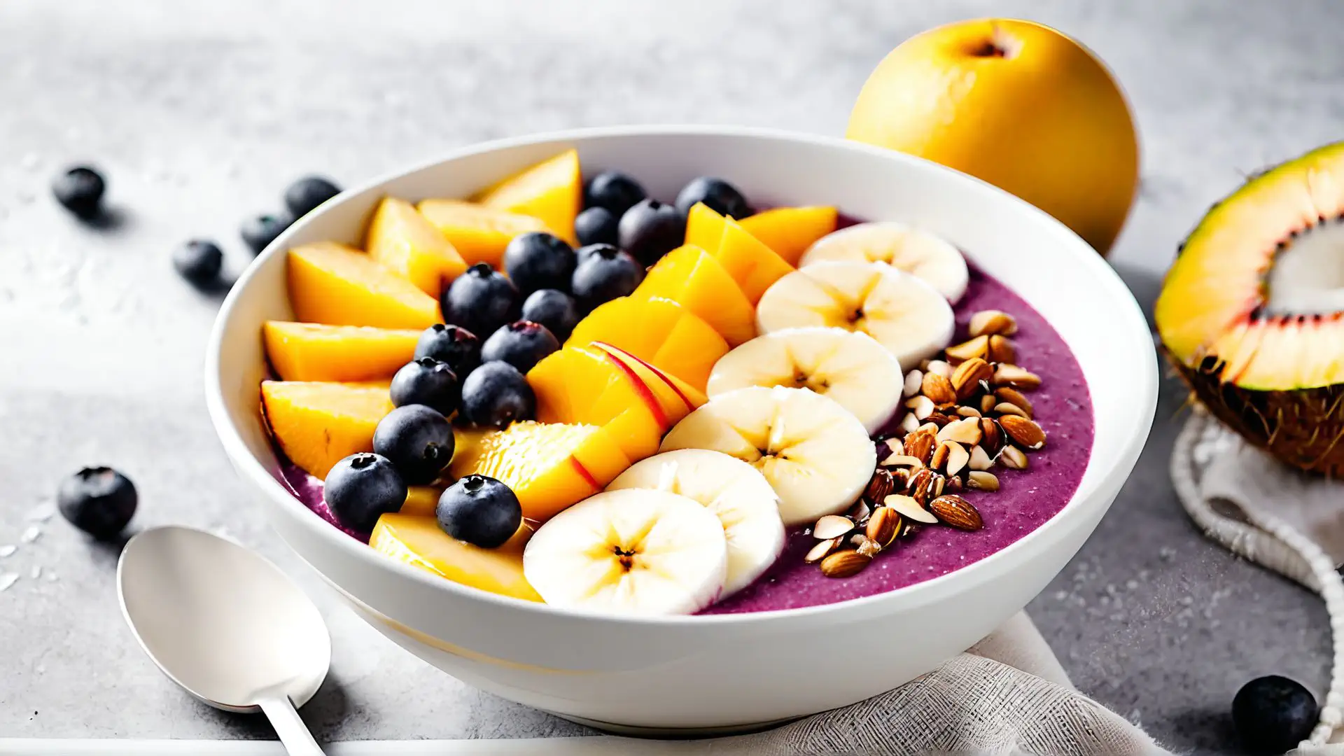 Kleurrijke smoothie bowl met vers fruit, blauwe bessen en noten